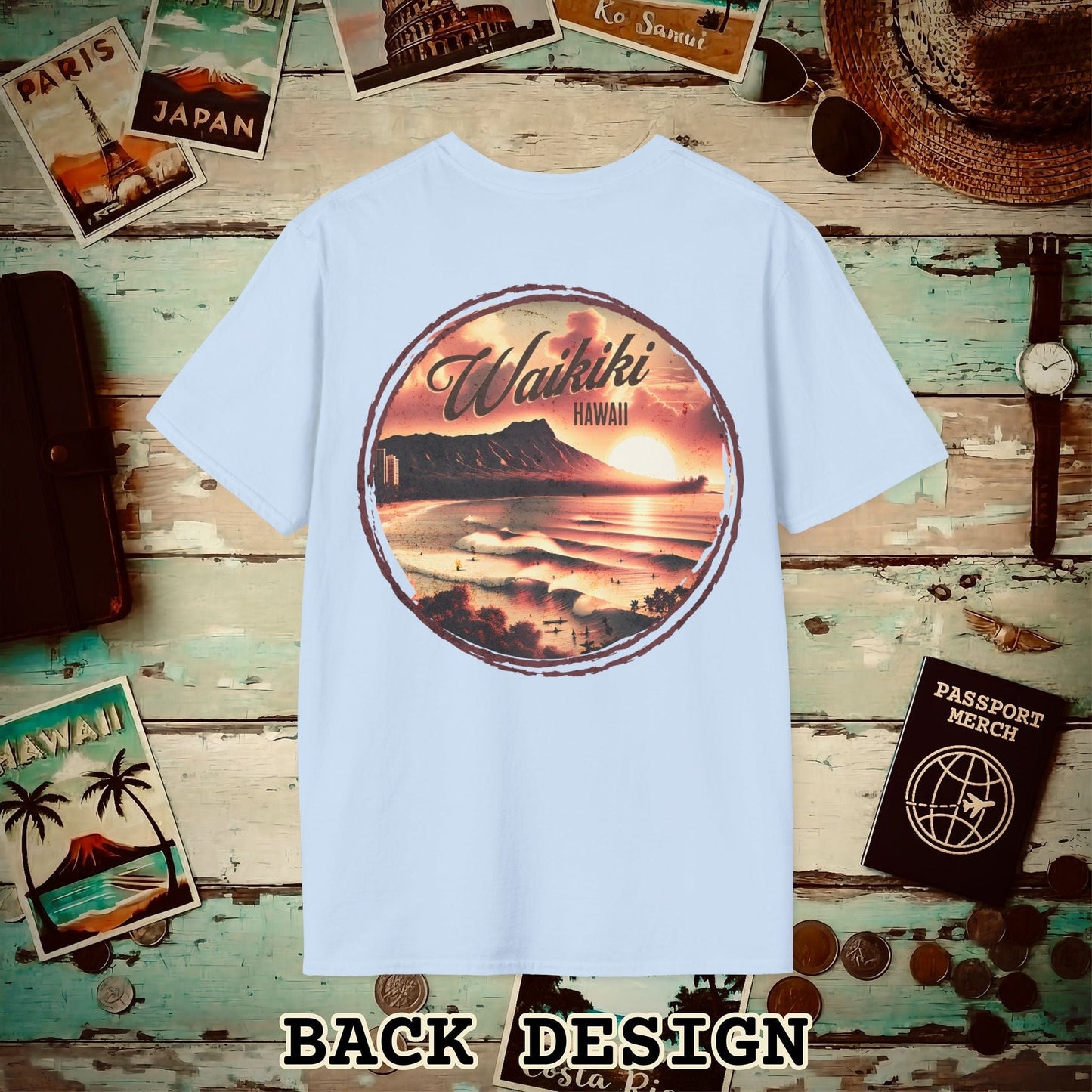 Vintage Nostalgia, Waikiki, Hawaii, Back Print T-Shirt Light Blue / S