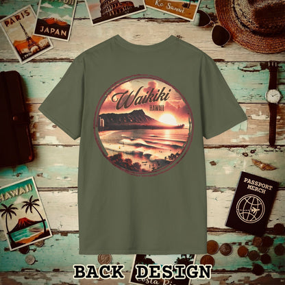 Vintage Nostalgia, Waikiki, Hawaii, Back Print T-Shirt Military Green / S