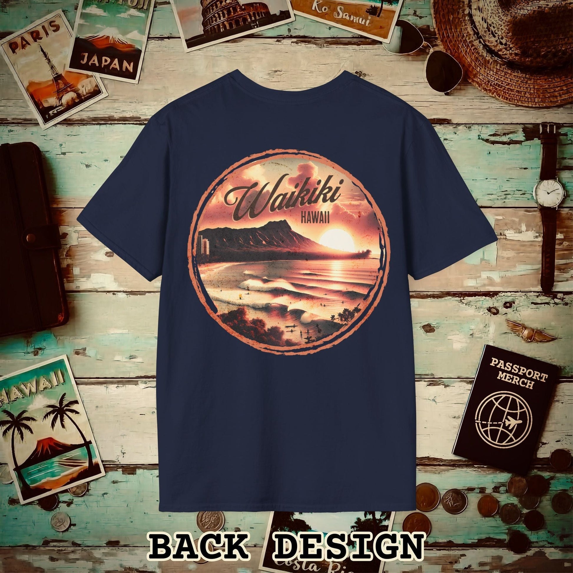 Vintage Nostalgia, Waikiki, Hawaii, Back Print T-Shirt Navy / S