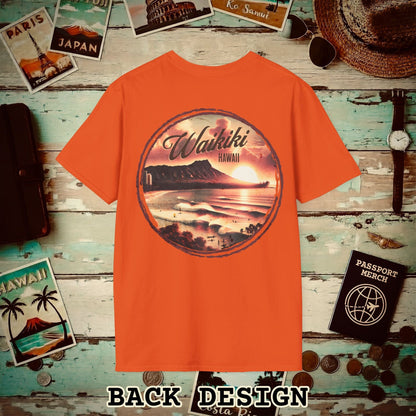 Vintage Nostalgia, Waikiki, Hawaii, Back Print T-Shirt Orange / S