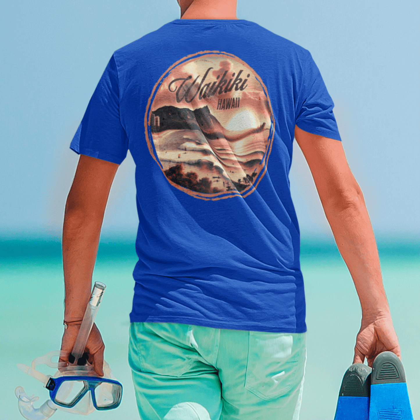 Vintage Nostalgia, Waikiki, Hawaii, Back Print T-Shirt Royal / S