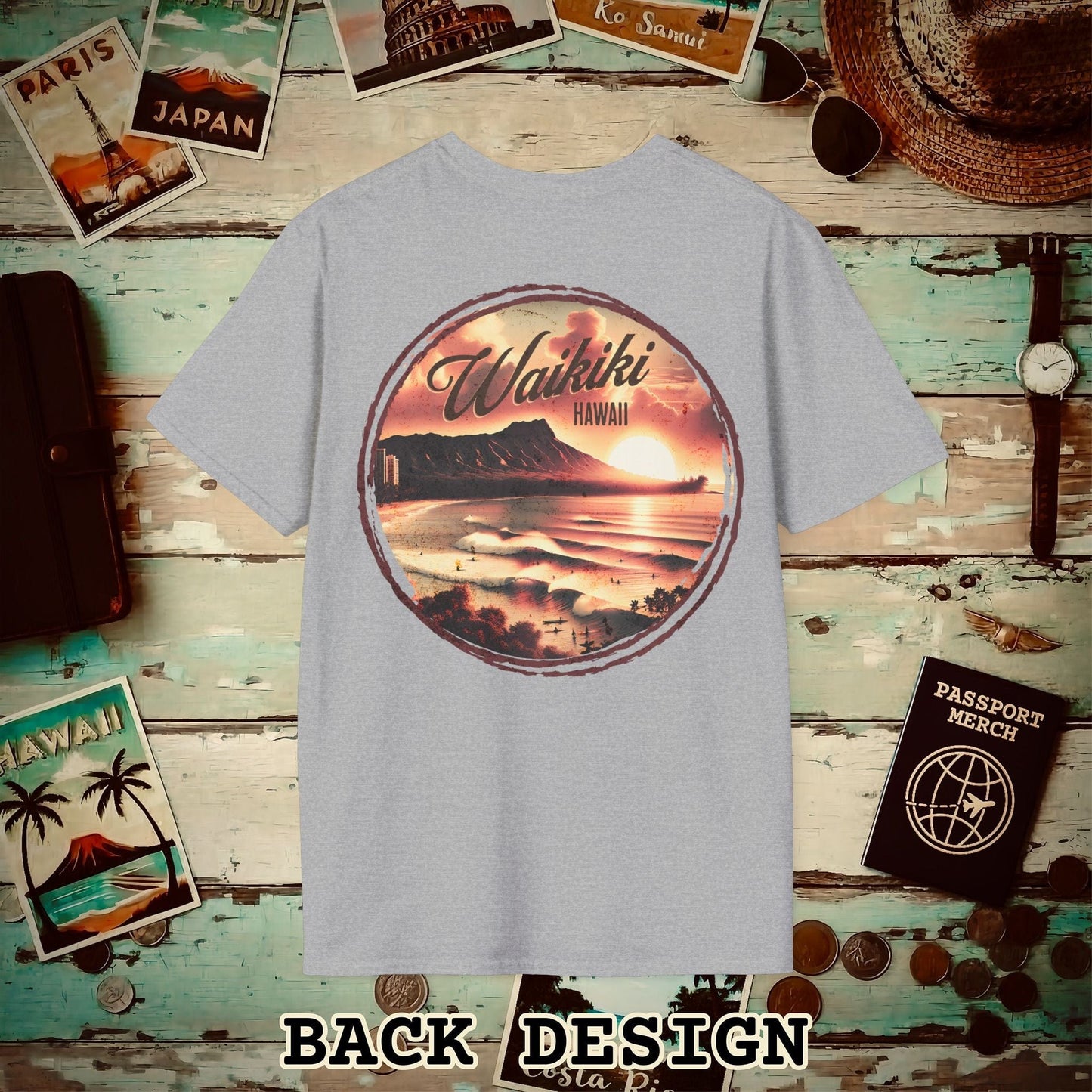 Vintage Nostalgia, Waikiki, Hawaii, Back Print T-Shirt Sport Grey / S