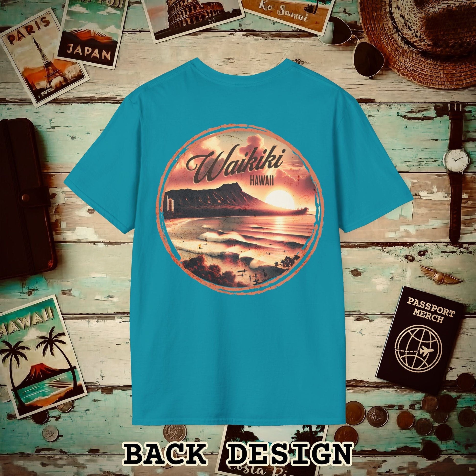 Vintage Nostalgia, Waikiki, Hawaii, Back Print T-Shirt Tropical Blue / S
