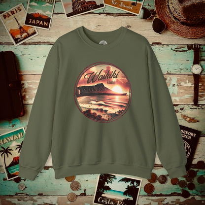 Vintage Nostalgia, Waikiki, Hawaii Crewneck Military Green / S