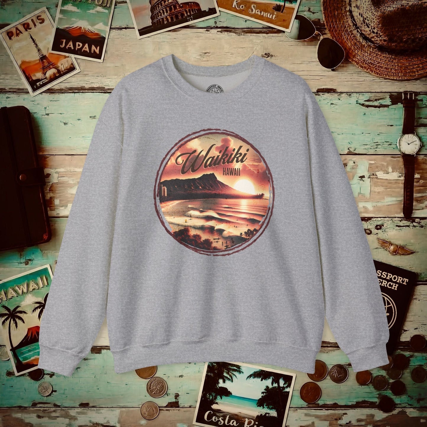 Vintage Nostalgia, Waikiki, Hawaii Crewneck Sport Grey / S