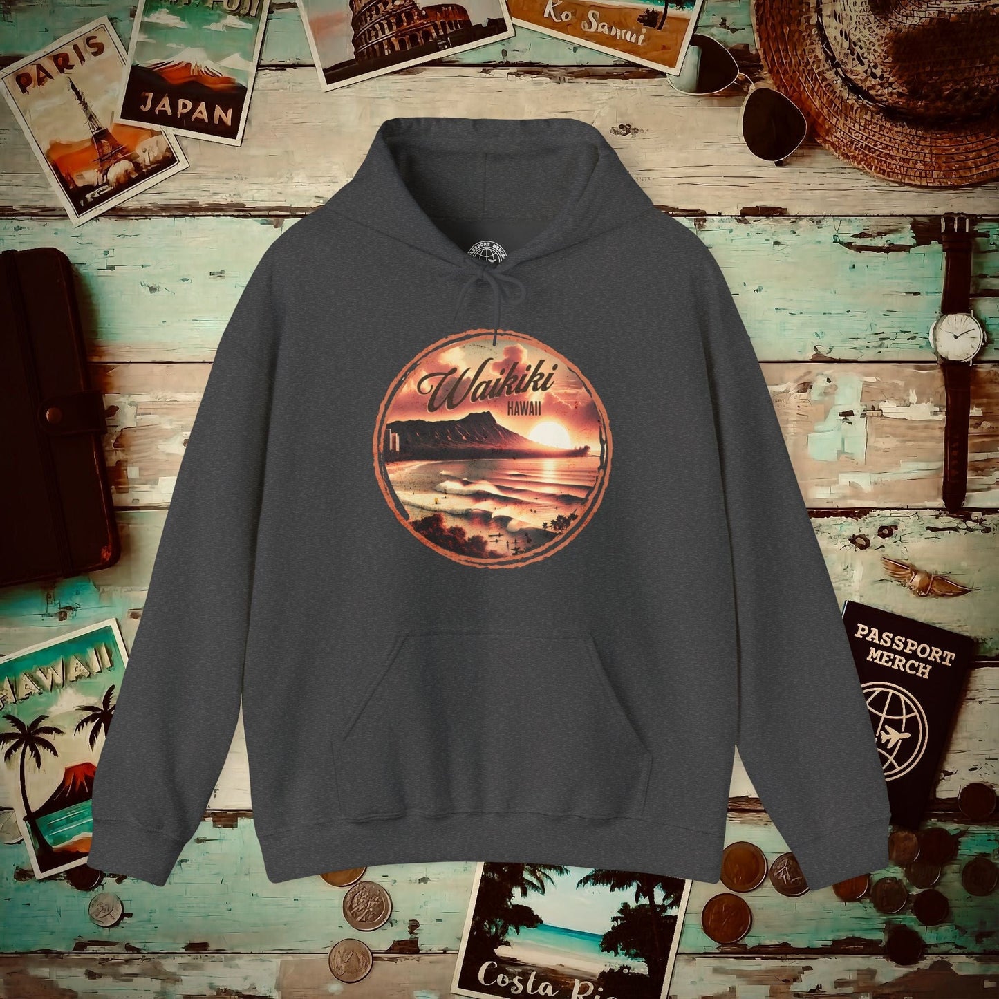 Vintage Nostalgia, Waikiki, Hawaii Hoodie Dark Heather / S
