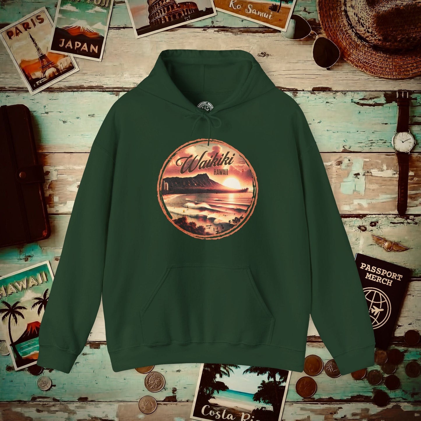 Vintage Nostalgia, Waikiki, Hawaii Hoodie Forest Green / S