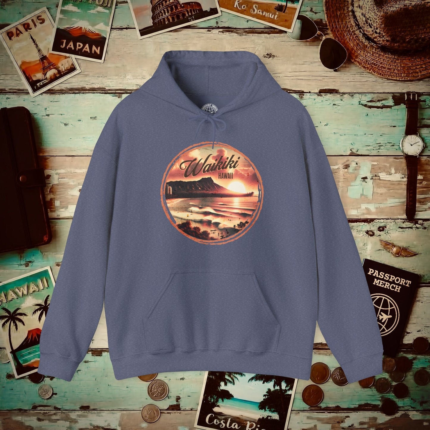 Vintage Nostalgia, Waikiki, Hawaii Hoodie Heather Navy / S