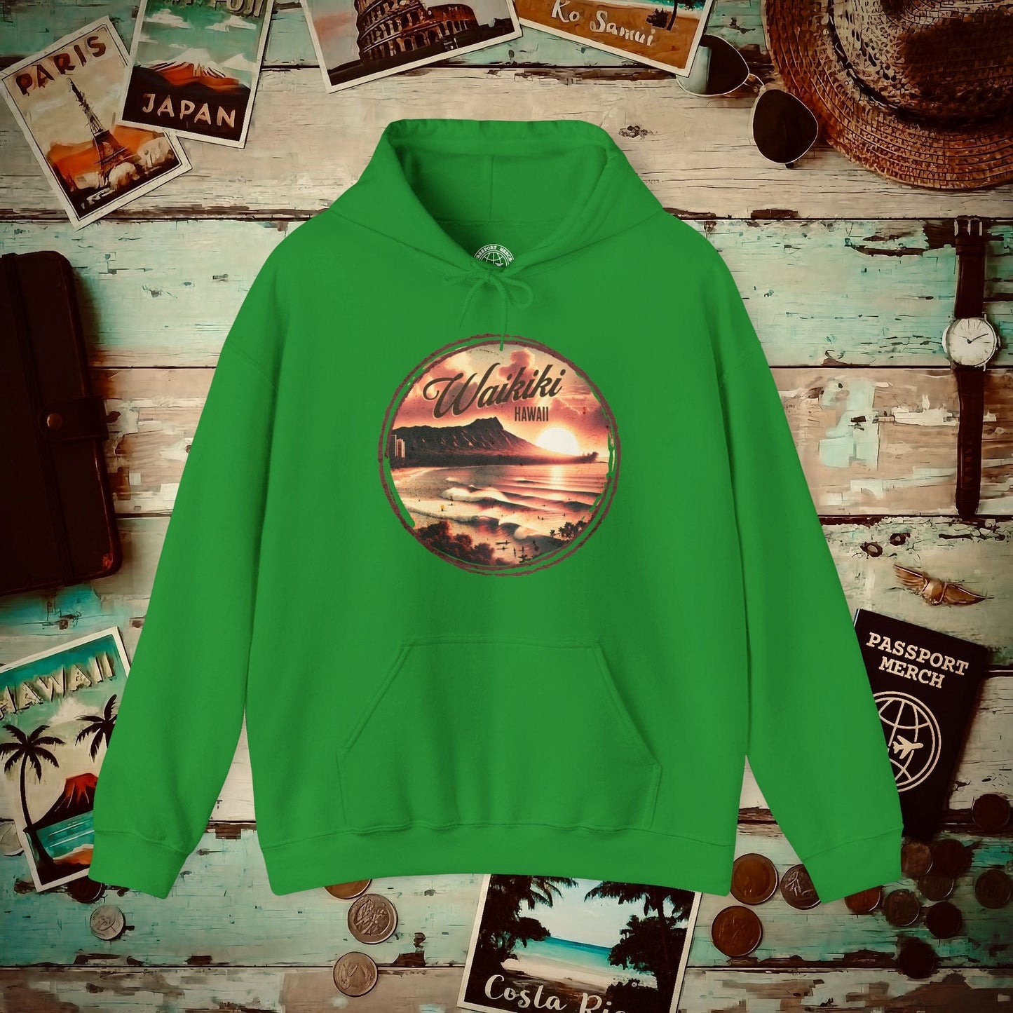 Vintage Nostalgia, Waikiki, Hawaii Hoodie Irish Green / S