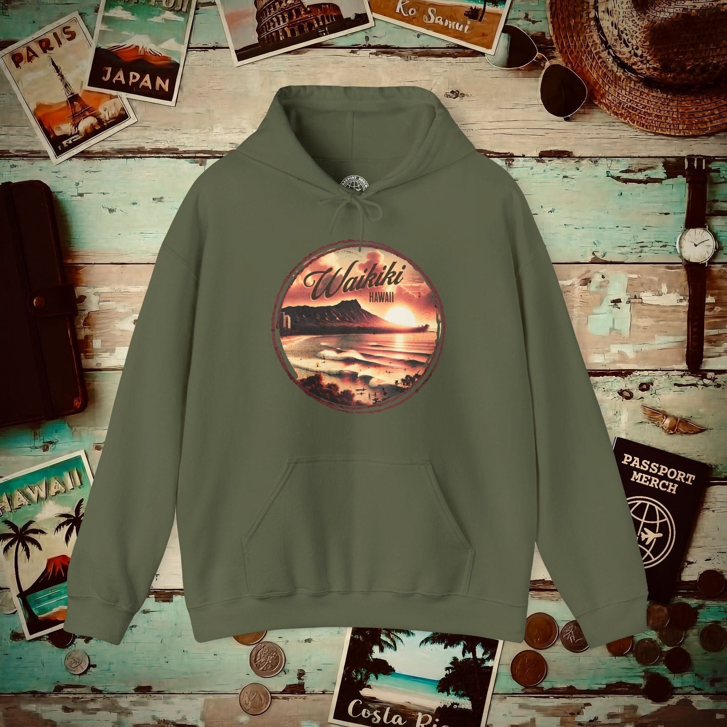 Vintage Nostalgia, Waikiki, Hawaii Hoodie Military Green / S