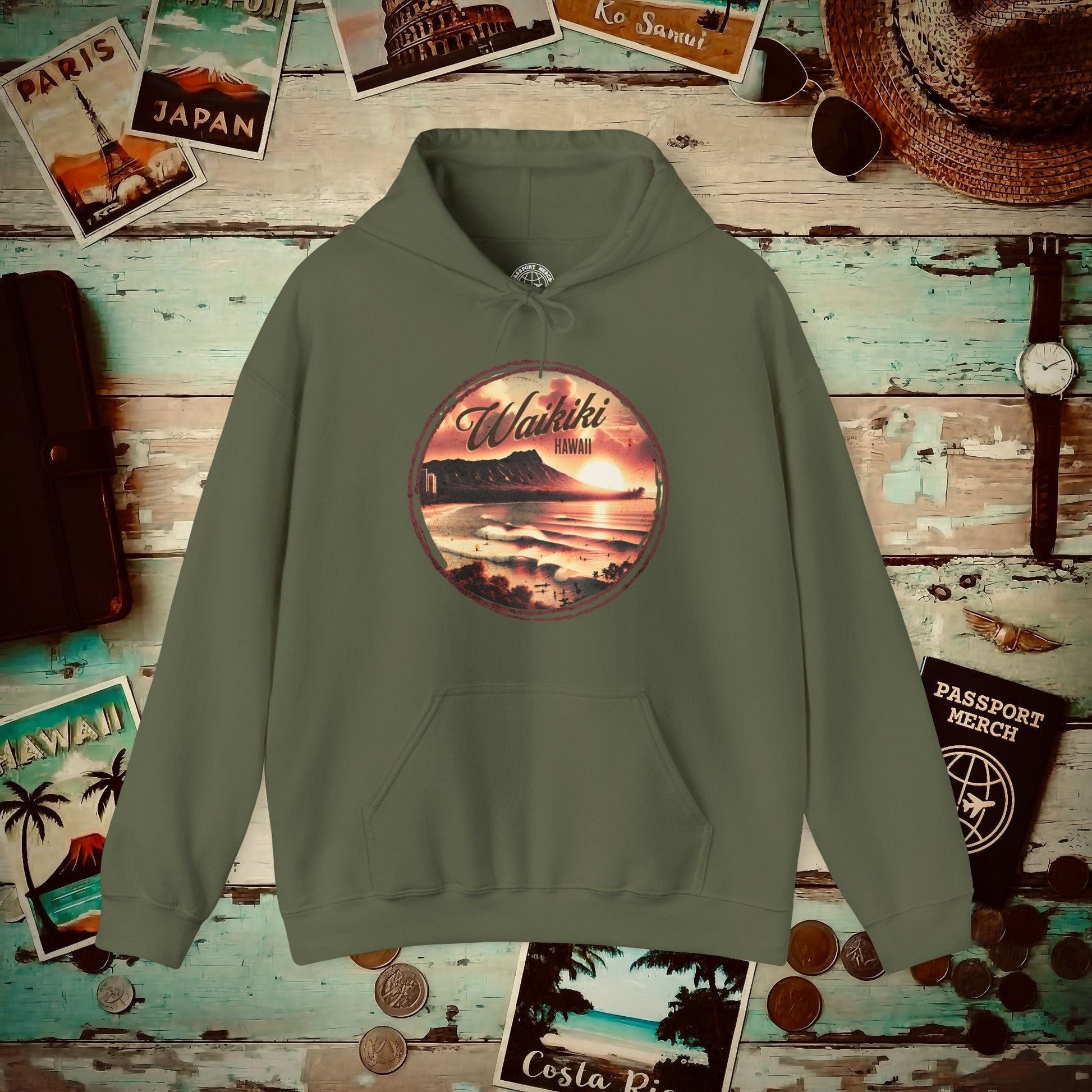Vintage Nostalgia, Waikiki, Hawaii Hoodie Military Green / S
