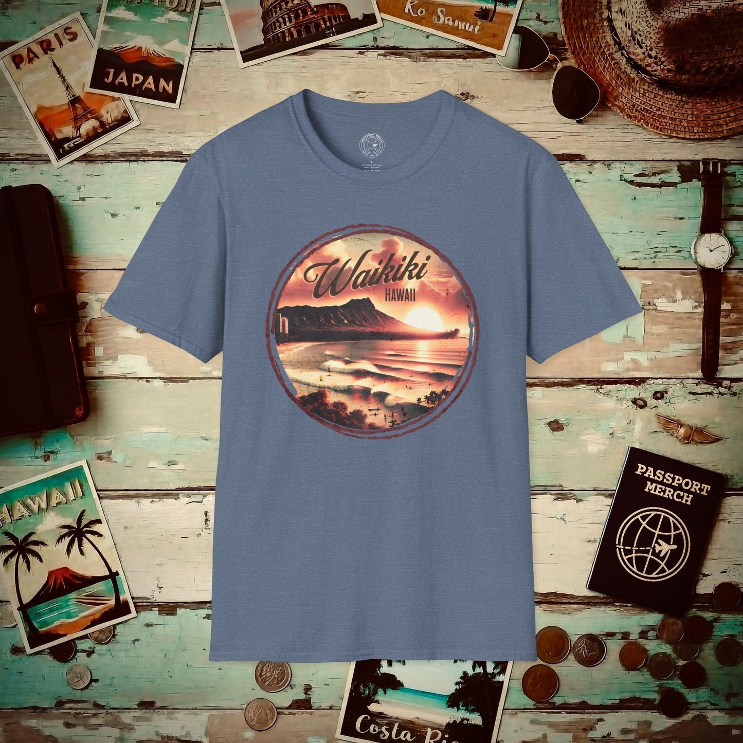 Vintage Nostalgia, Waikiki, Hawaii T-Shirt Heather Indigo / S