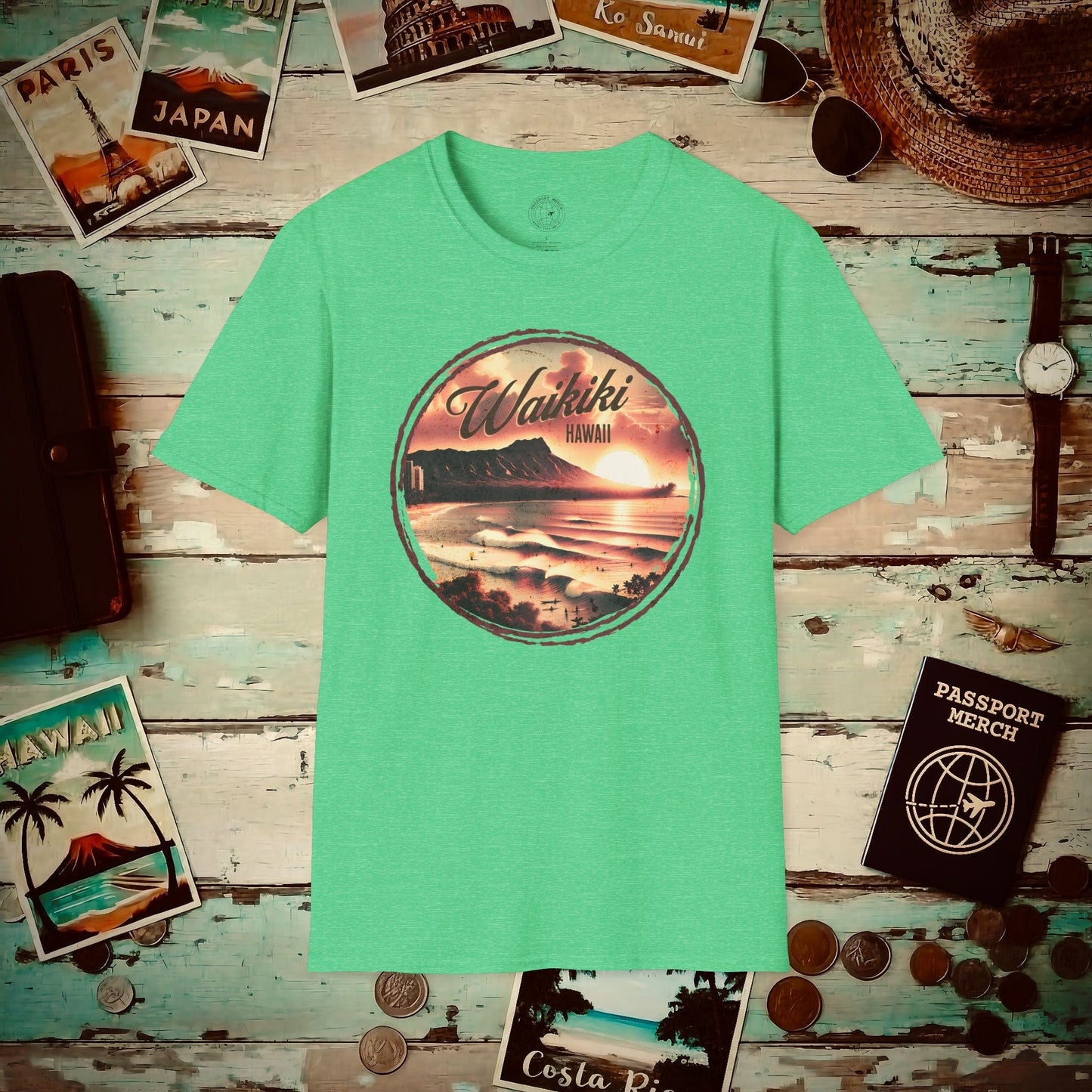 Vintage Nostalgia, Waikiki, Hawaii T-Shirt Heather Irish Green / S
