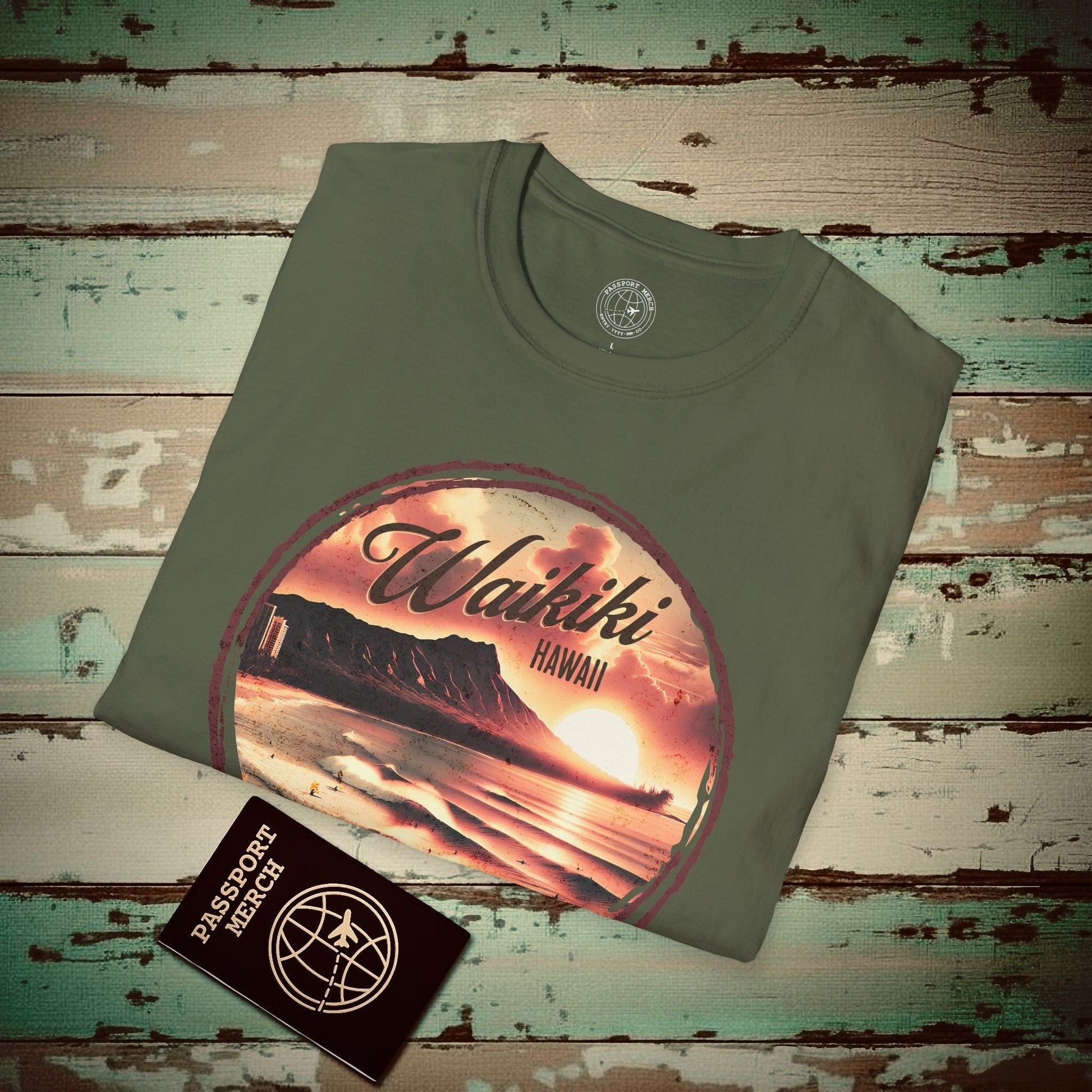 Vintage Nostalgia, Waikiki, Hawaii T-Shirt Military Green / S