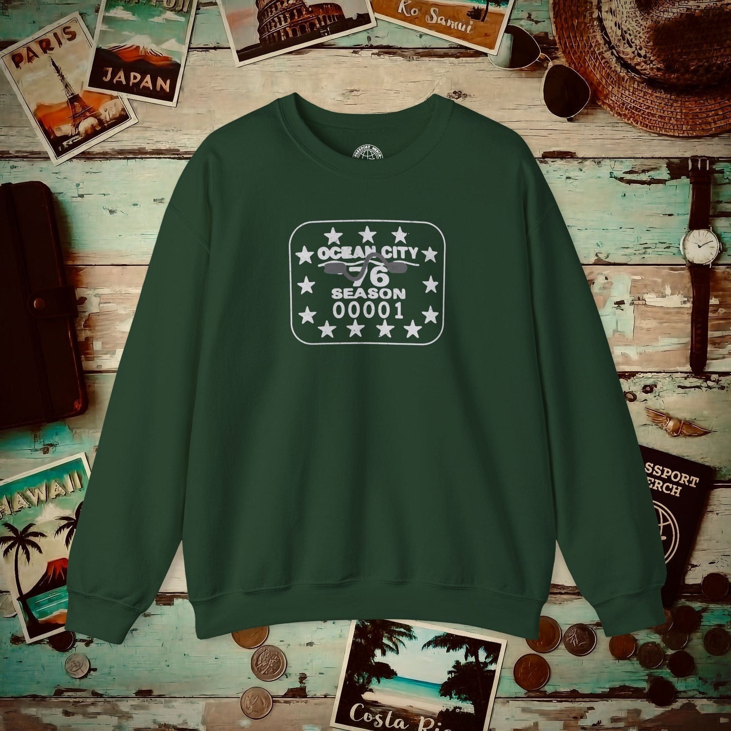 Vintage Ocean City 1976 Beach Tag, New Jersey Crewneck Forest Green / S