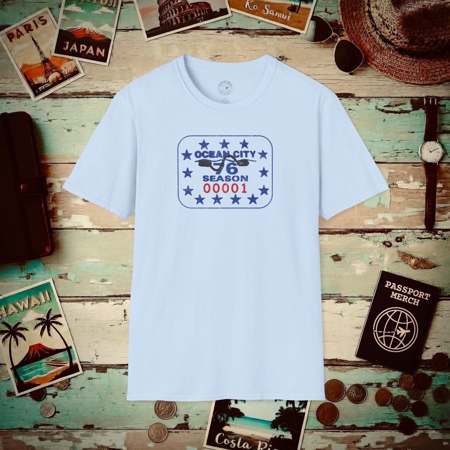 Vintage Ocean City 1976 Beach Tag, New Jersey T-Shirt Light Blue / S