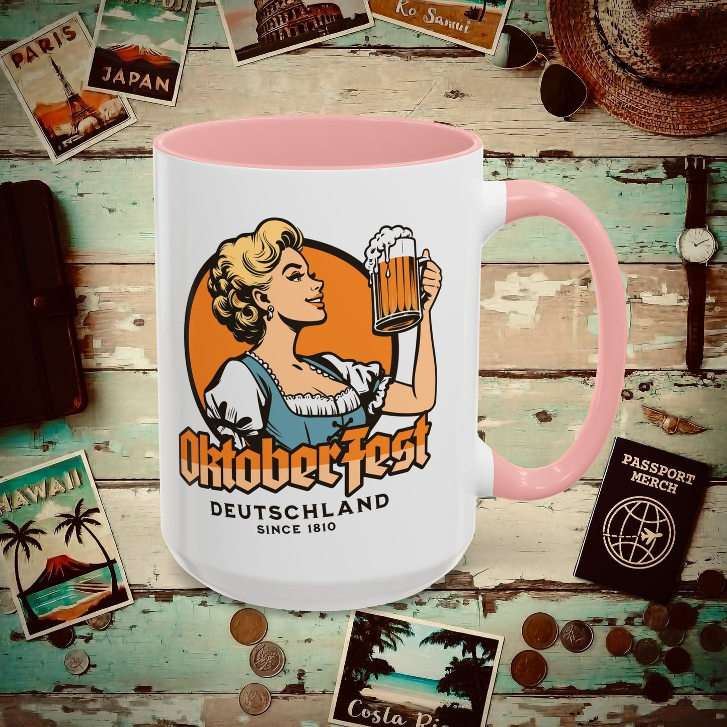 Vintage Oktoberfest Beer Maiden, Germany 15oz Mug Pink / 15oz