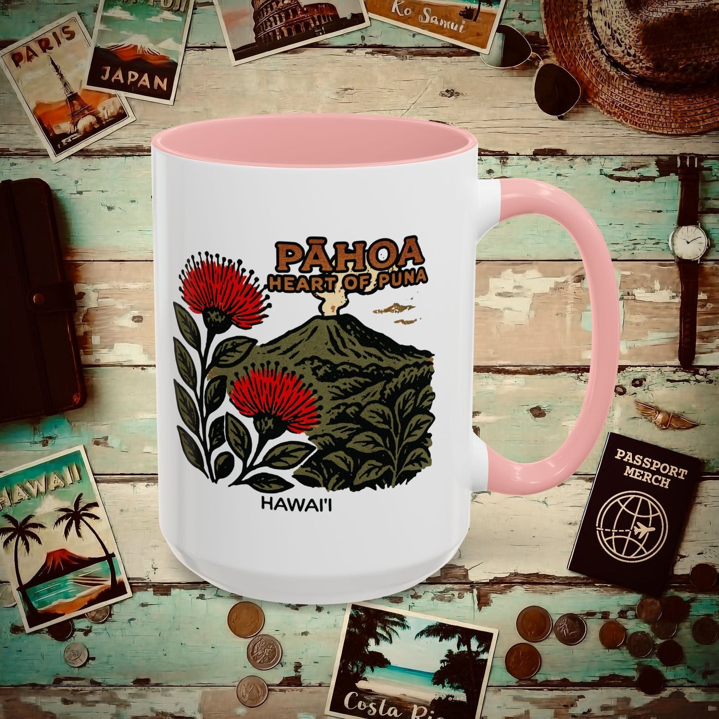 Vintage Pahoa, Heart of Puna, Hawaii 15oz Mug Pink / 15oz