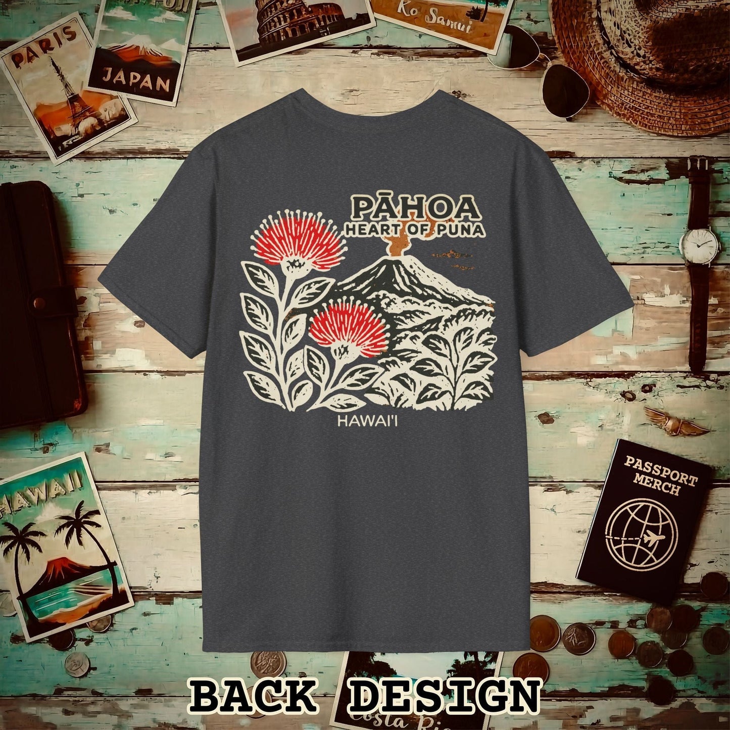 Vintage Pahoa, Heart of Puna, Hawaii Back Print T-Shirt Dark Heather / S