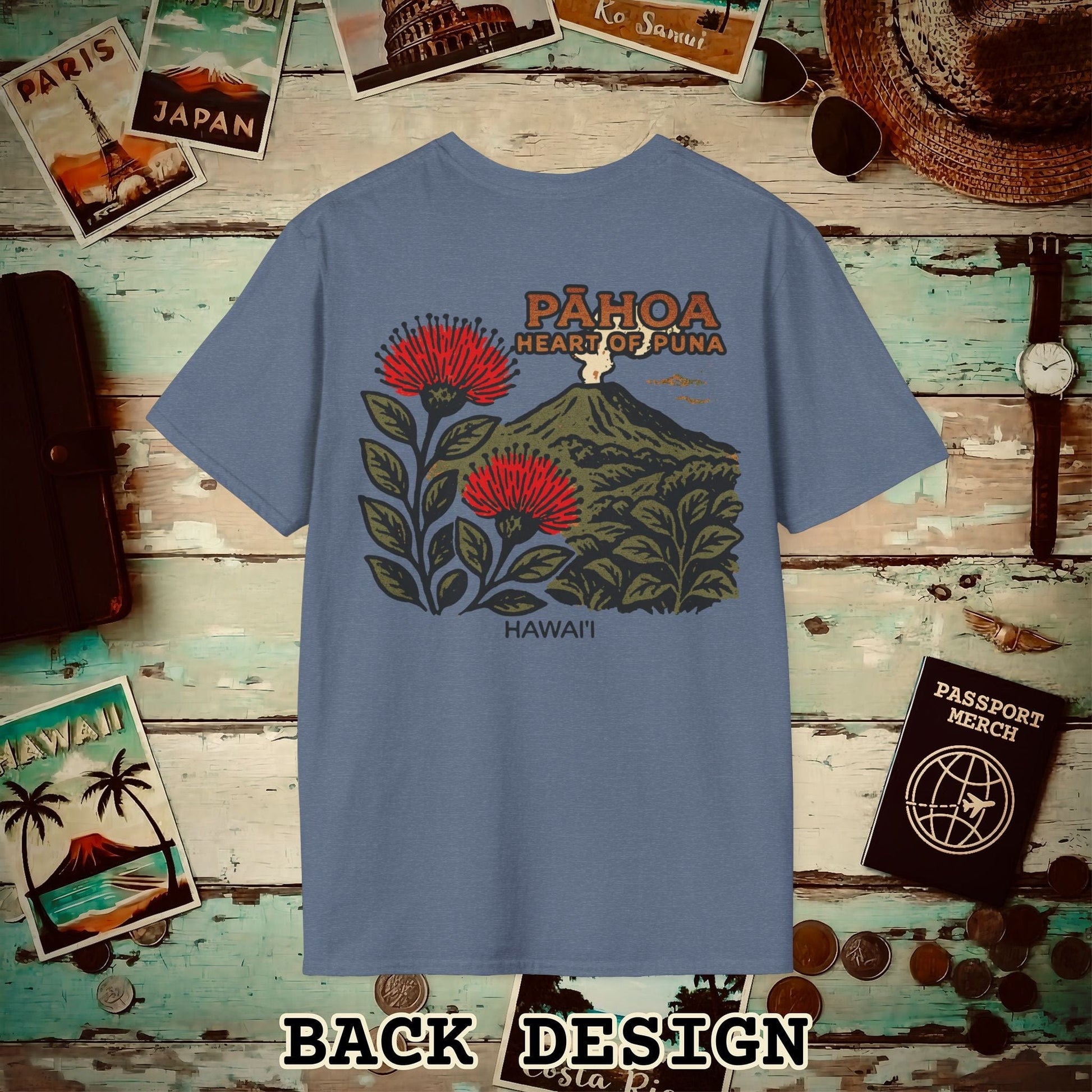 Vintage Pahoa, Heart of Puna, Hawaii Back Print T-Shirt Heather Indigo / S