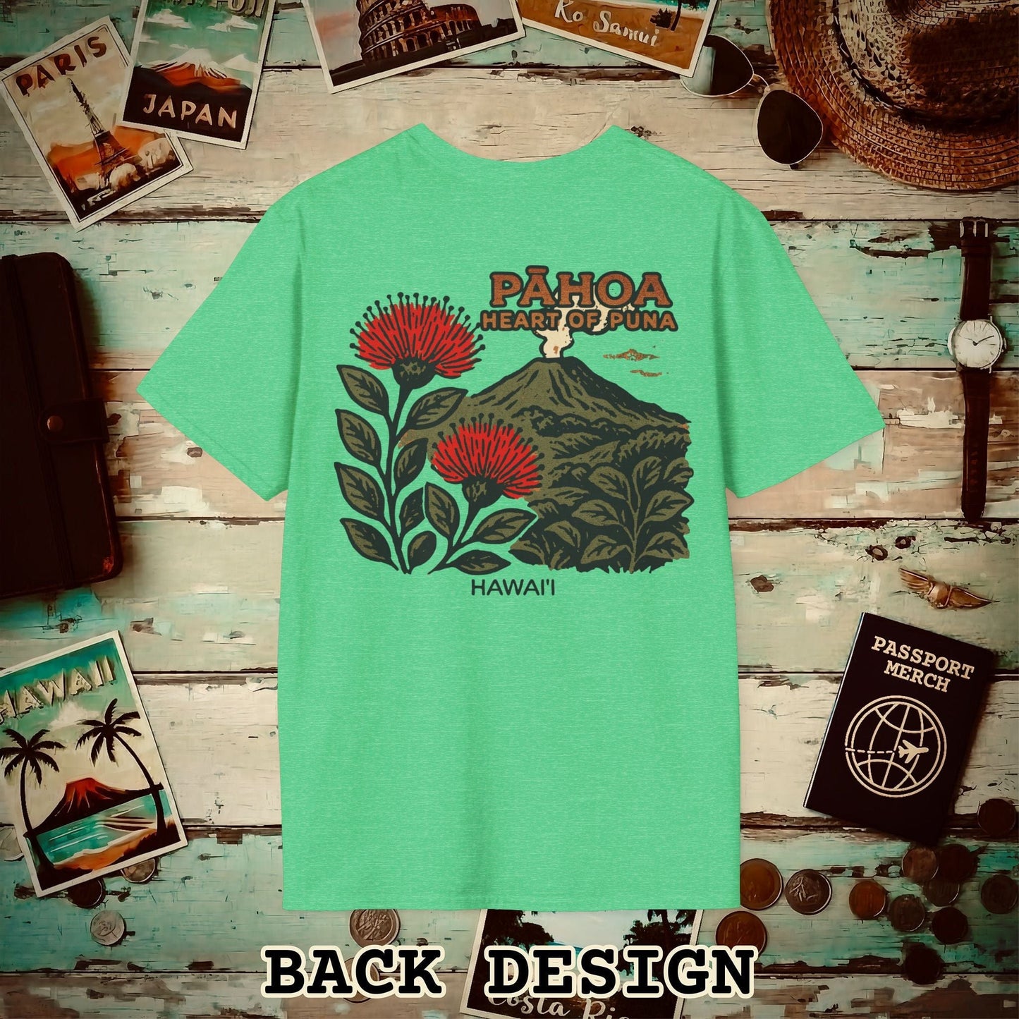 Vintage Pahoa, Heart of Puna, Hawaii Back Print T-Shirt Heather Irish Green / S