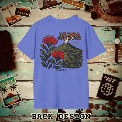 Vintage Pahoa, Heart of Puna, Hawaii Back Print T-Shirt Heather Royal / S