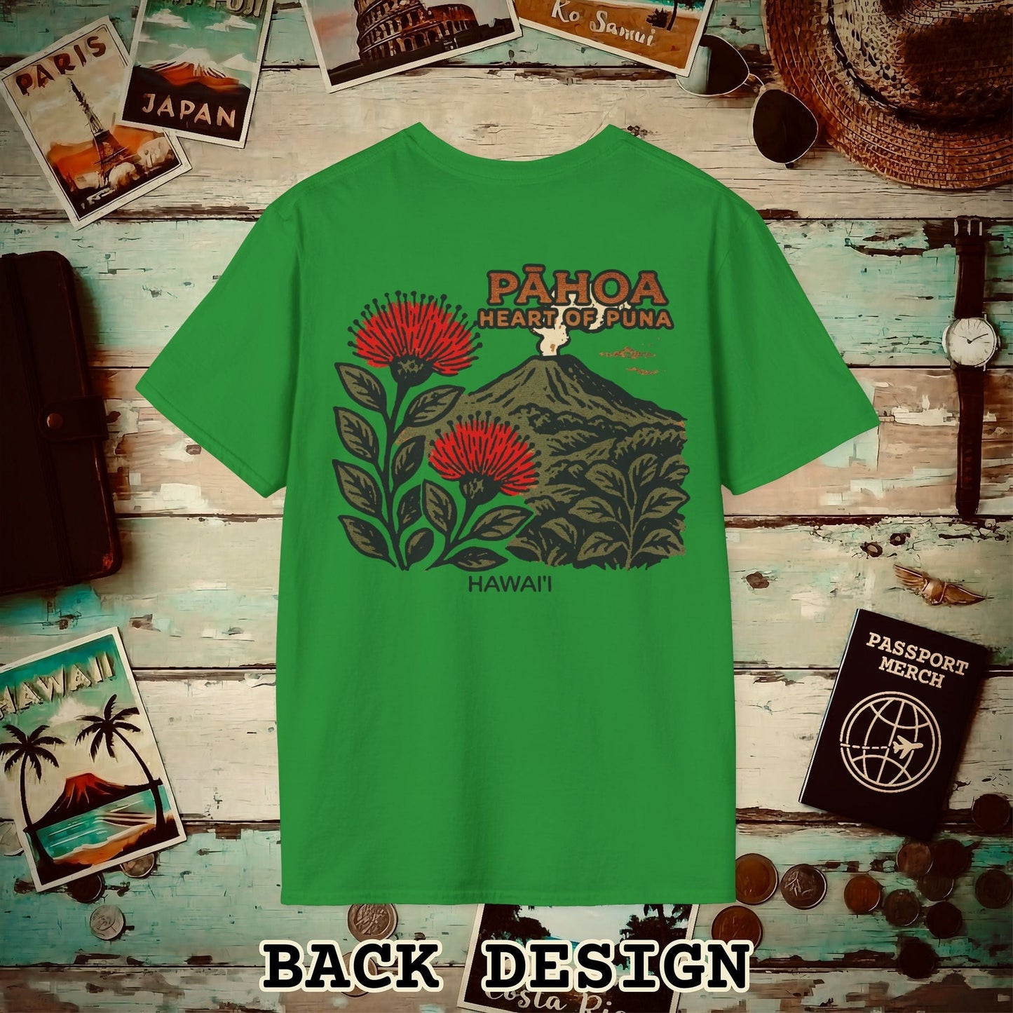 Vintage Pahoa, Heart of Puna, Hawaii Back Print T-Shirt Irish Green / S