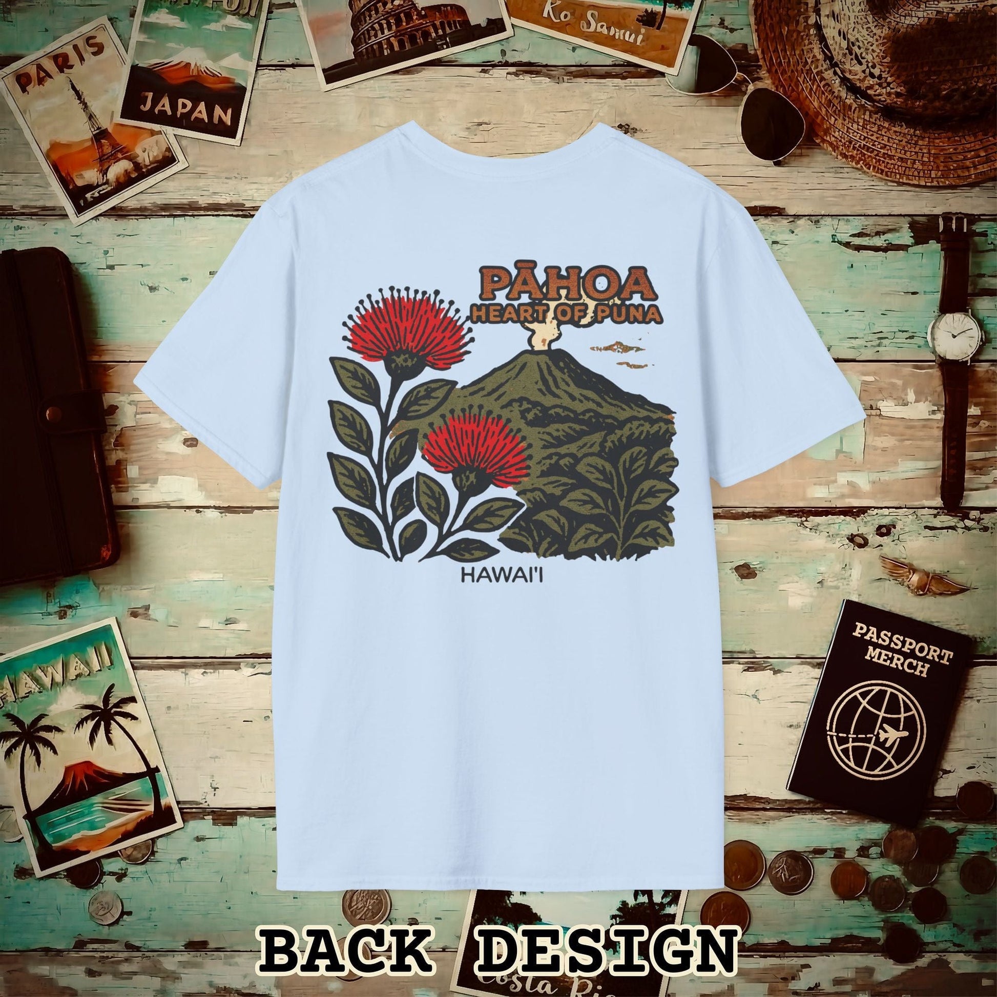 Vintage Pahoa, Heart of Puna, Hawaii Back Print T-Shirt Light Blue / S