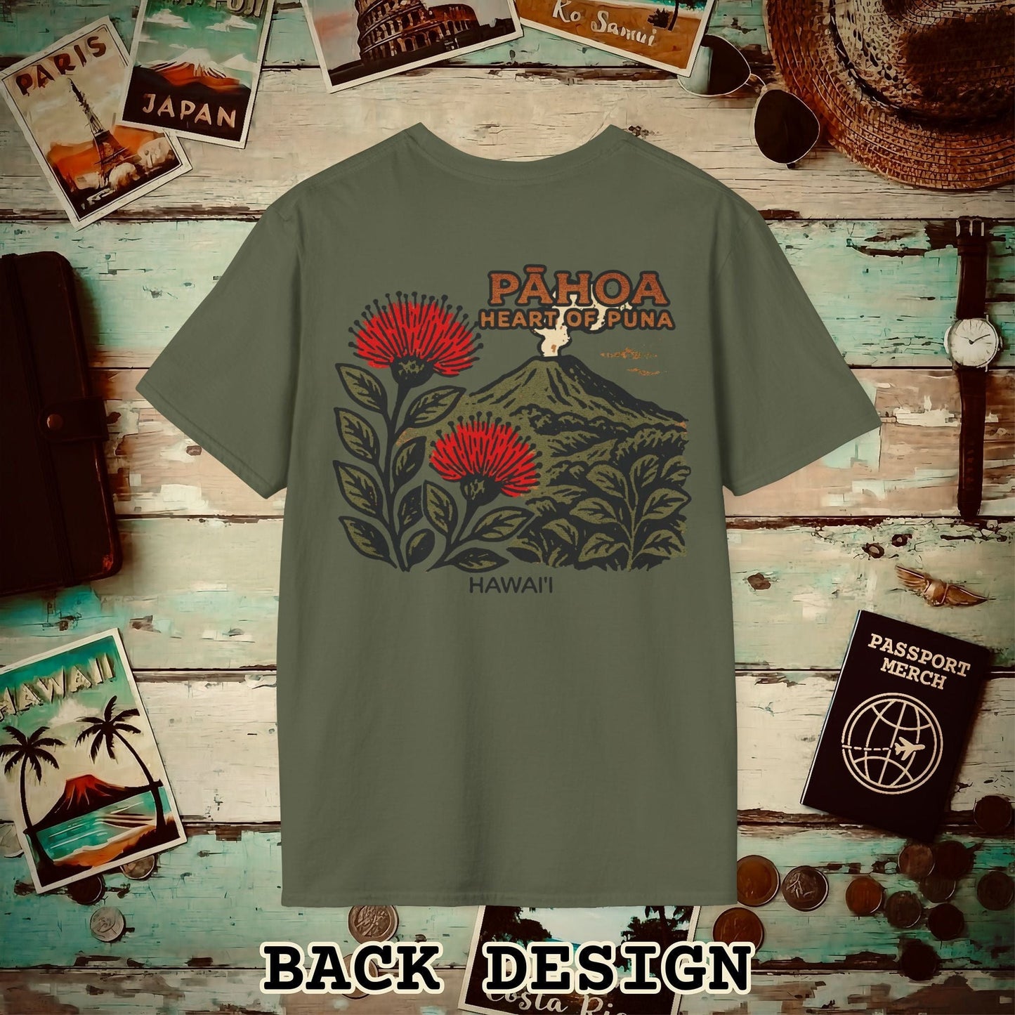 Vintage Pahoa, Heart of Puna, Hawaii Back Print T-Shirt Military Green / S