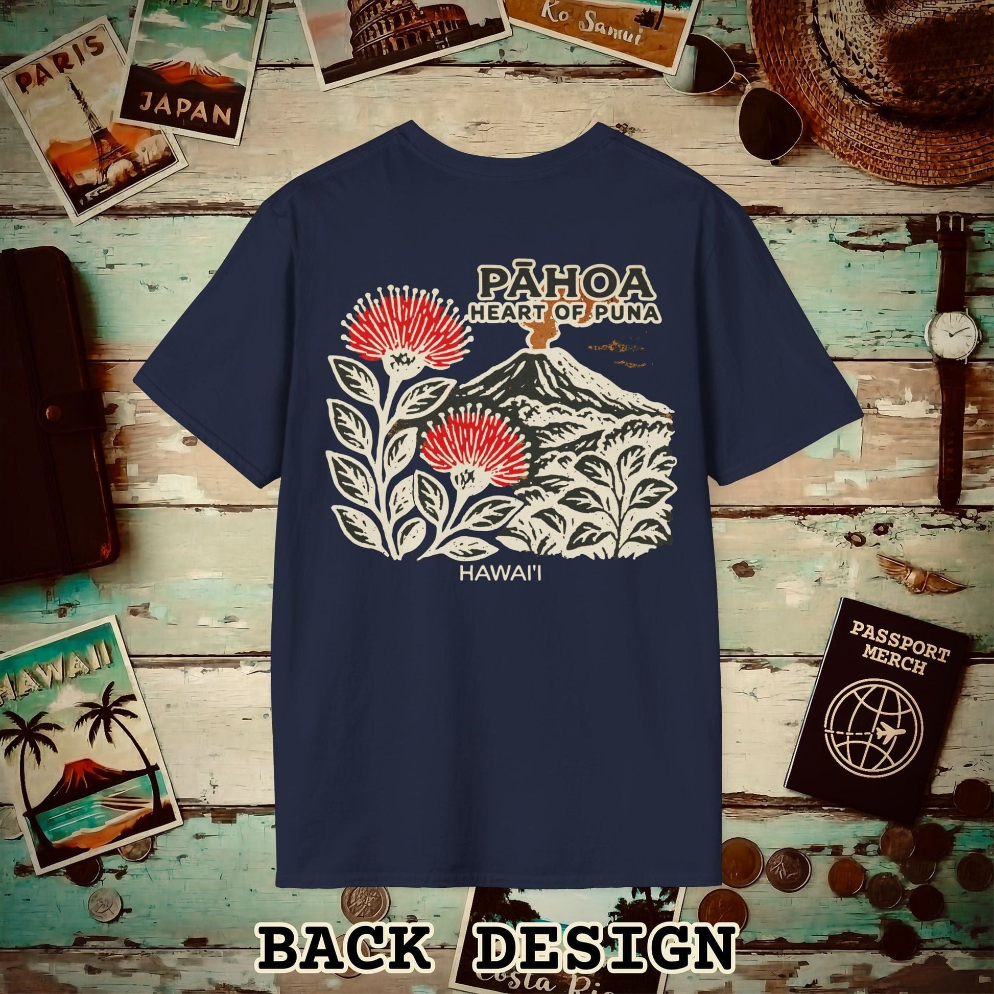 Vintage Pahoa, Heart of Puna, Hawaii Back Print T-Shirt Navy / S