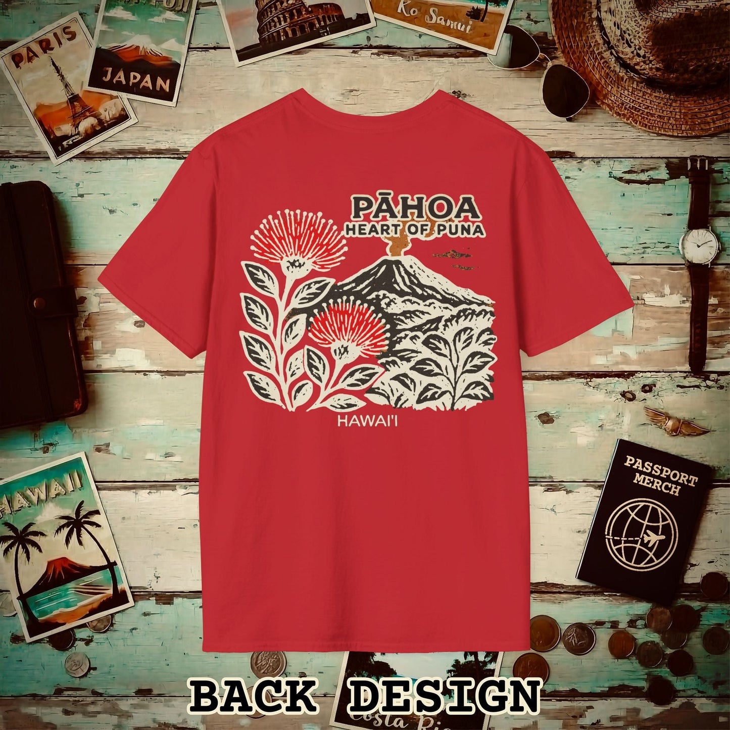 Vintage Pahoa, Heart of Puna, Hawaii Back Print T-Shirt Red / S