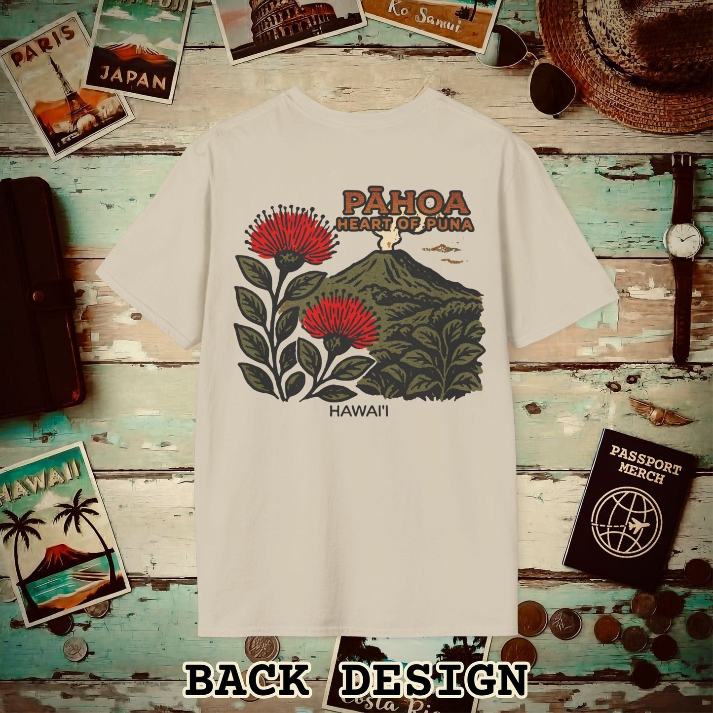 Vintage Pahoa, Heart of Puna, Hawaii Back Print T-Shirt Sand / S