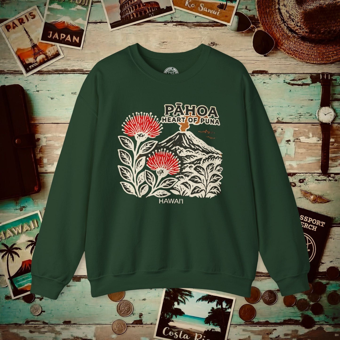 Vintage Pahoa, Heart of Puna, Hawaii Crewneck Forest Green / S