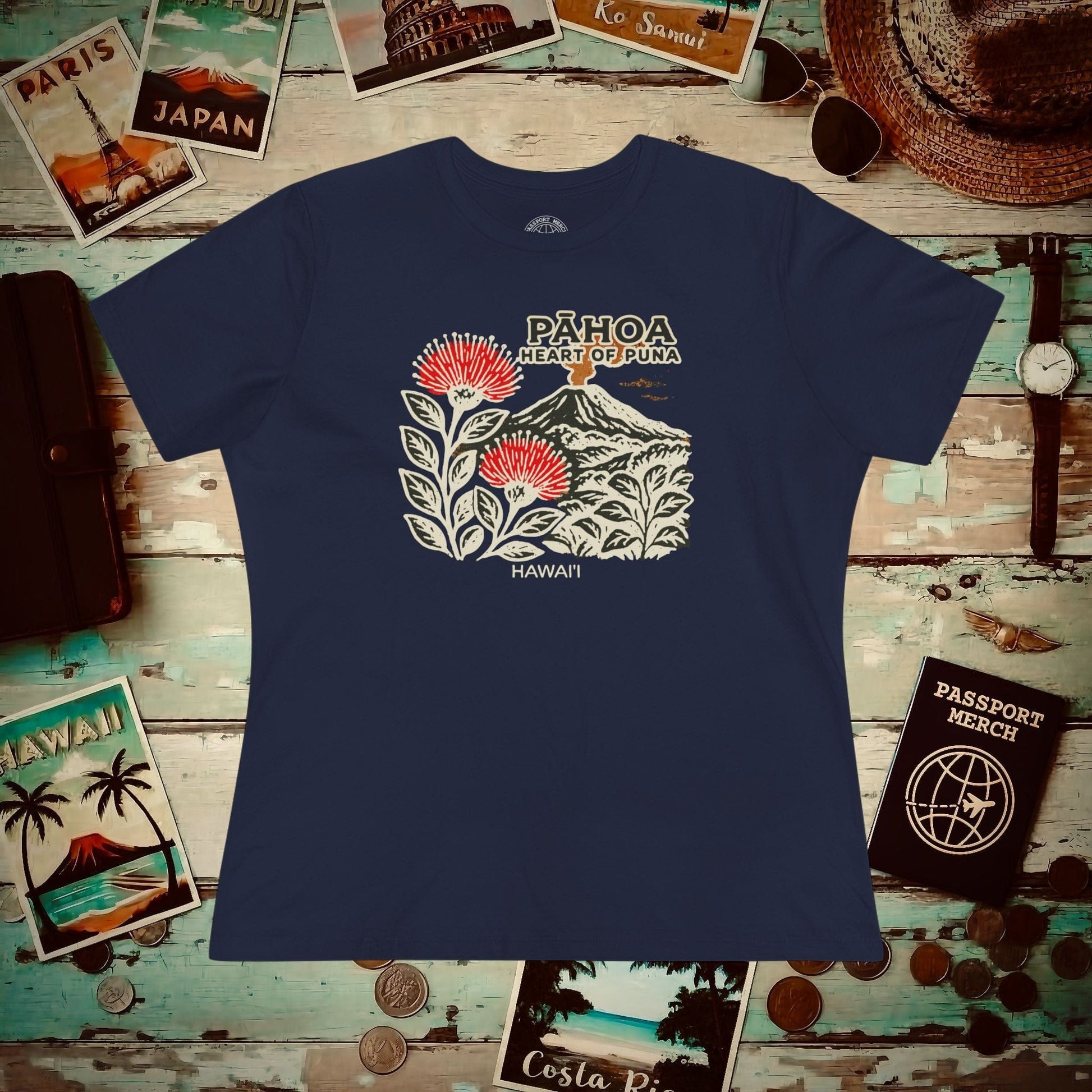 Vintage Pahoa, Heart of Puna, Hawaii, Womens Fit T-Shirt Navy / S
