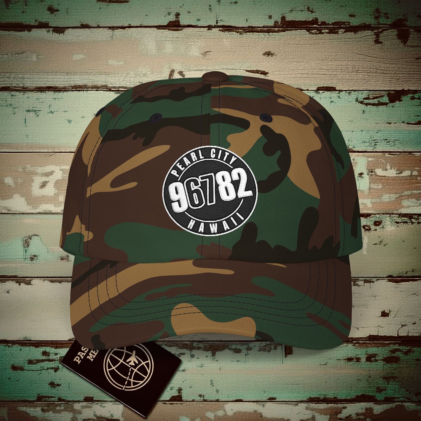 Vintage Pearl City Zip Code ("67" Pop Culture Edition), Hawaii Embroidered Hat Green Camo / One size