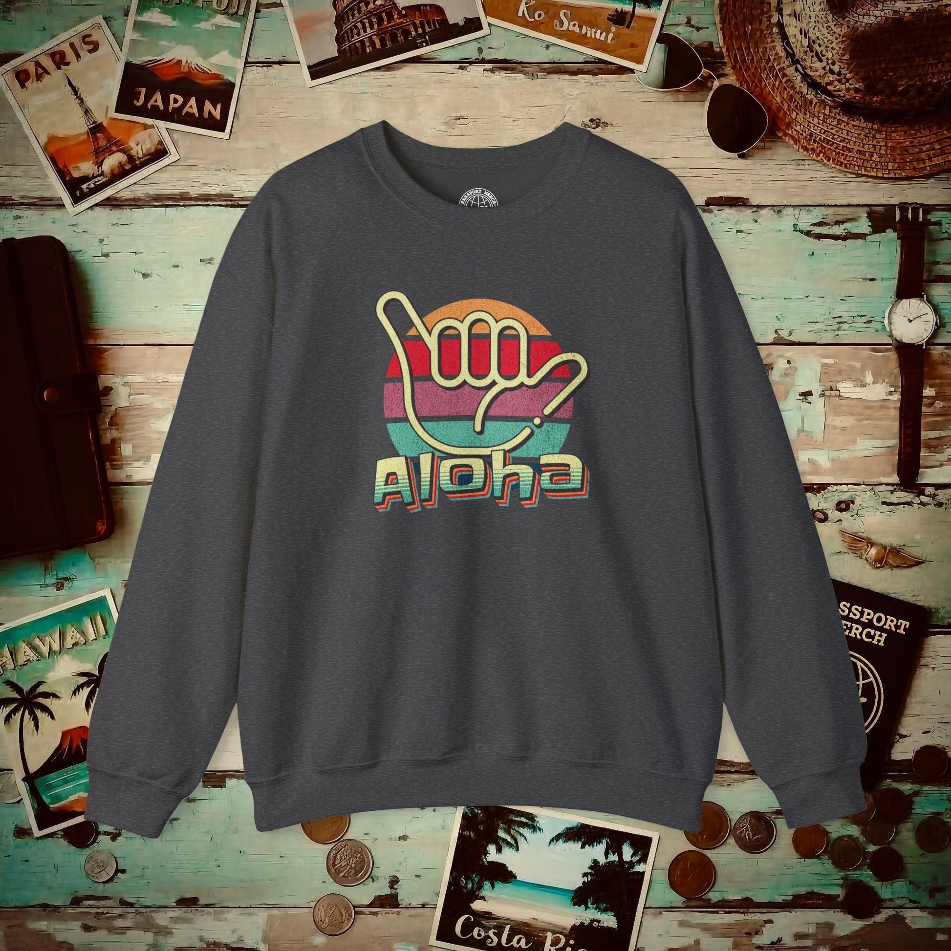 Vintage Retro Aloha Shaka, Hawaii Crewneck Dark Heather / S