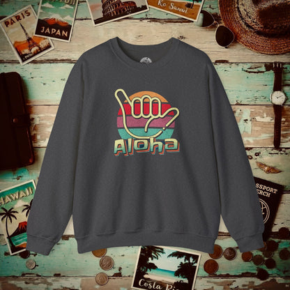 Vintage Retro Aloha Shaka, Hawaii Crewneck Dark Heather / S