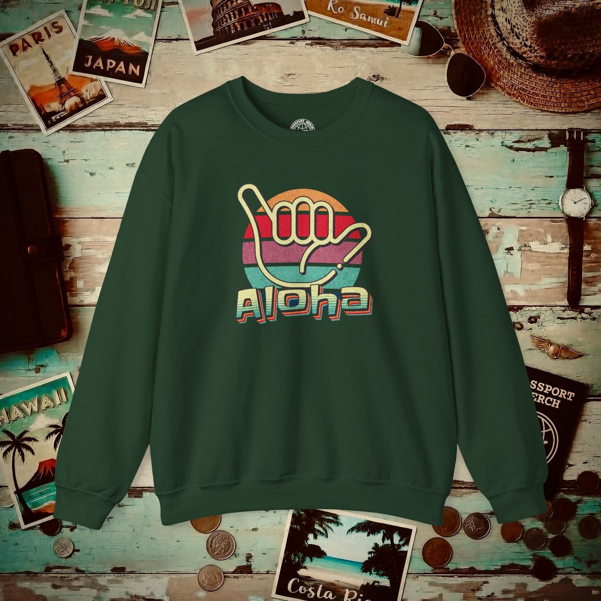 Vintage Retro Aloha Shaka, Hawaii Crewneck Forest Green / S