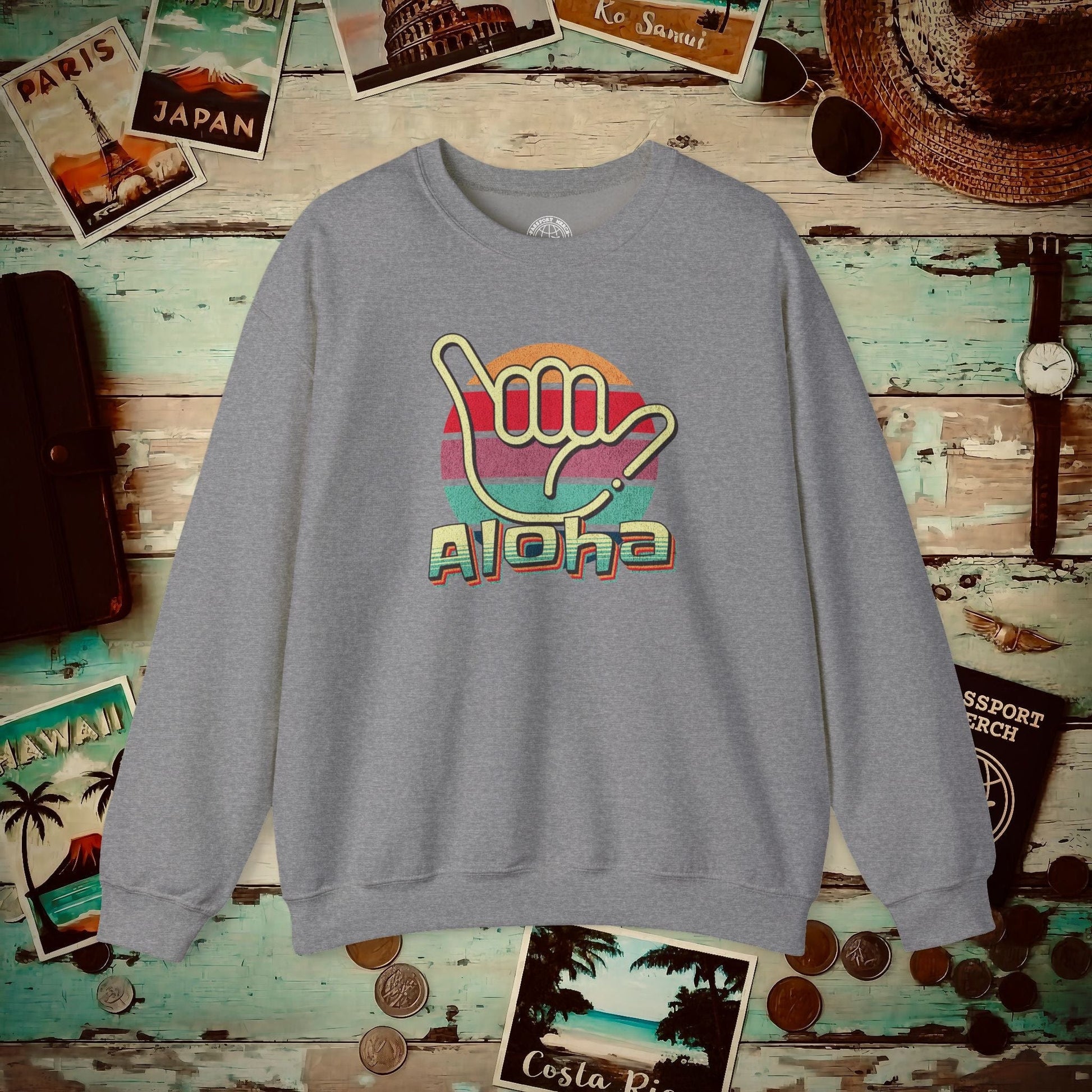 Vintage Retro Aloha Shaka, Hawaii Crewneck Graphite Heather / S