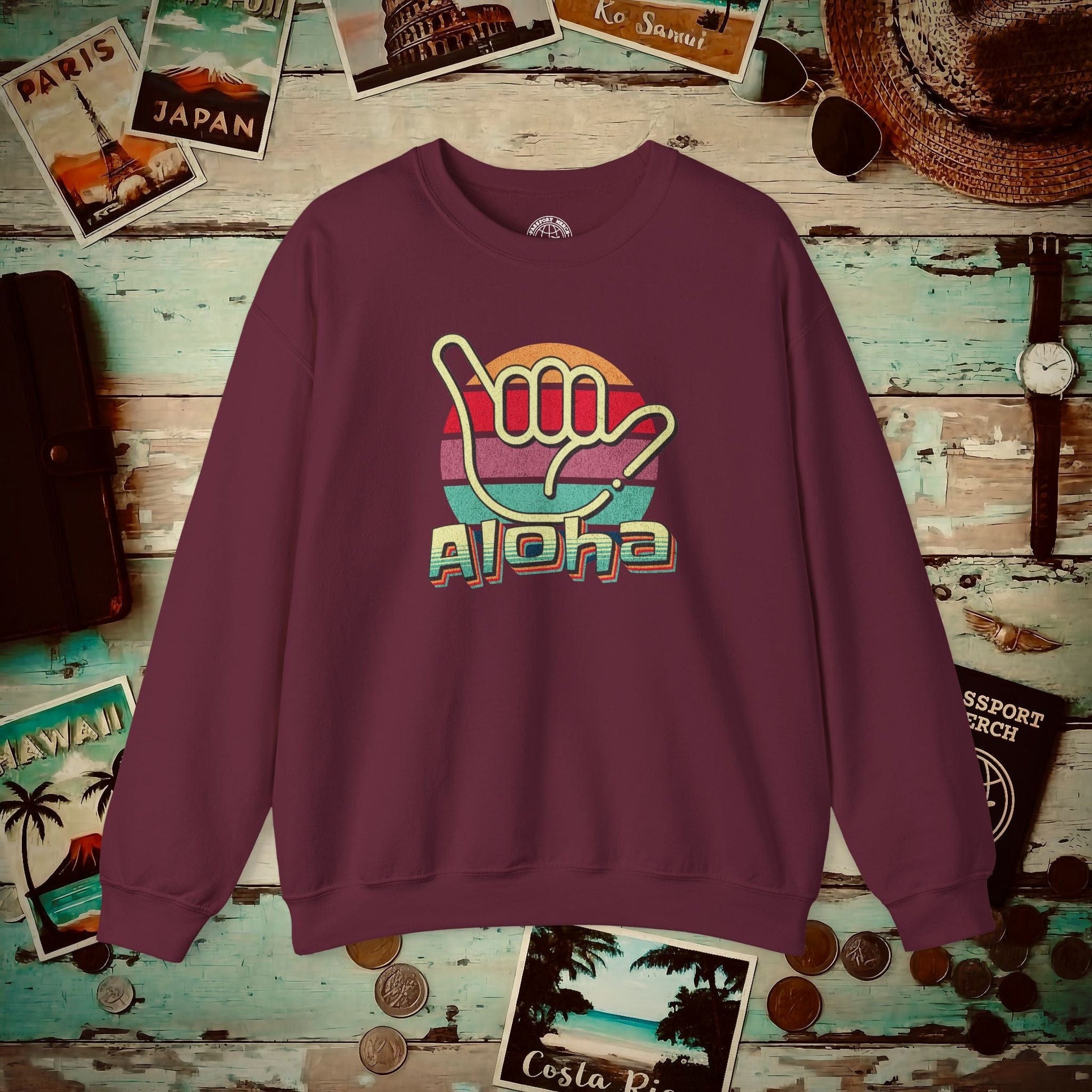 Vintage Retro Aloha Shaka, Hawaii Crewneck Maroon / S
