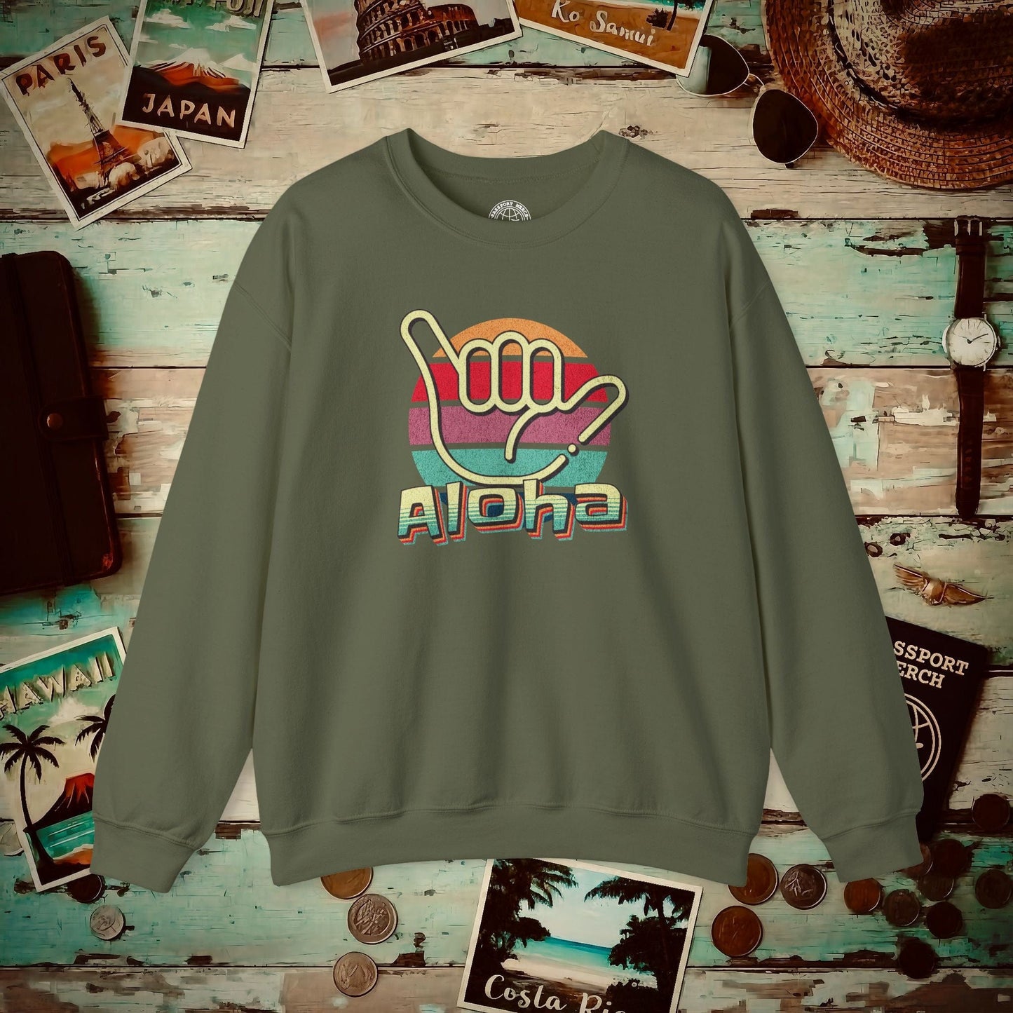 Vintage Retro Aloha Shaka, Hawaii Crewneck Military Green / S