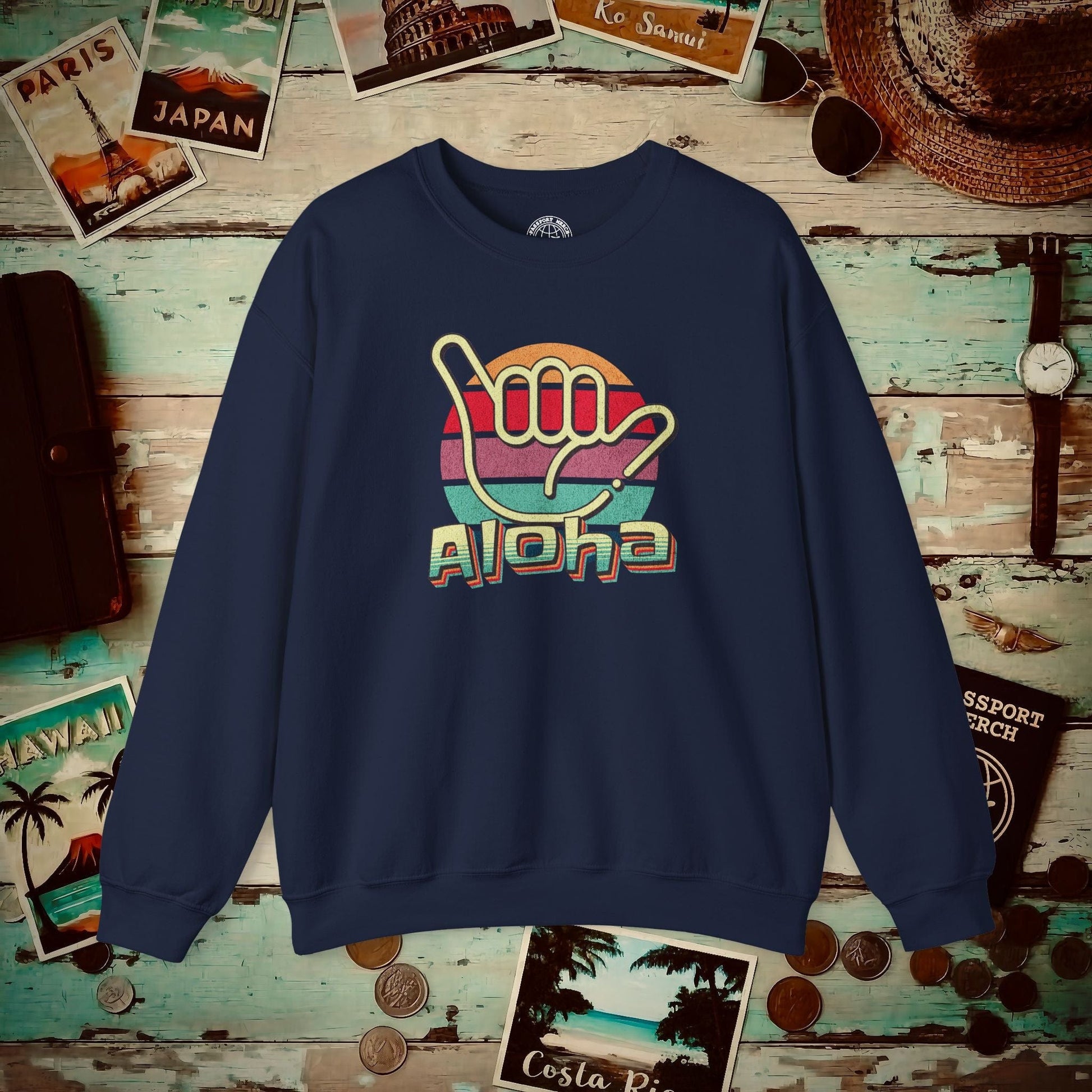 Vintage Retro Aloha Shaka, Hawaii Crewneck Navy / S