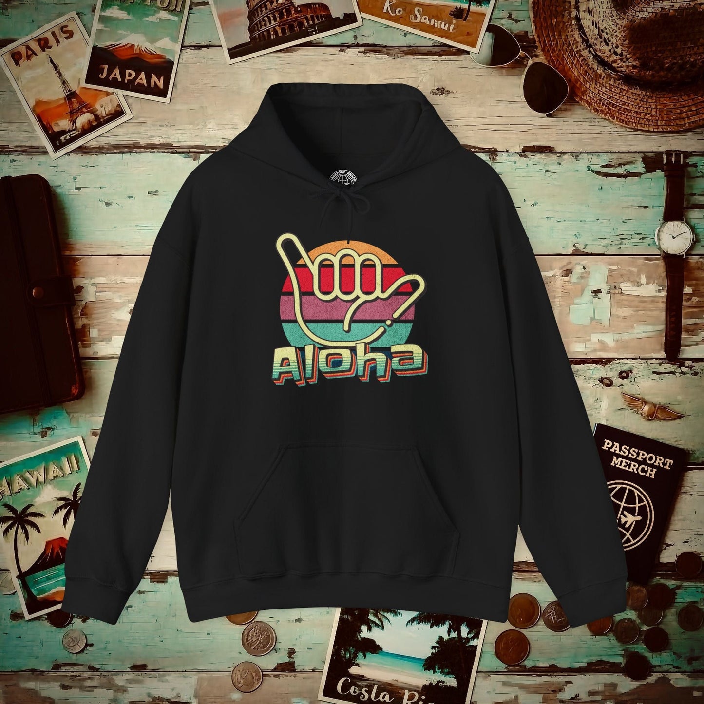 Vintage Retro Aloha Shaka, Hawaii Hoodie Black / S