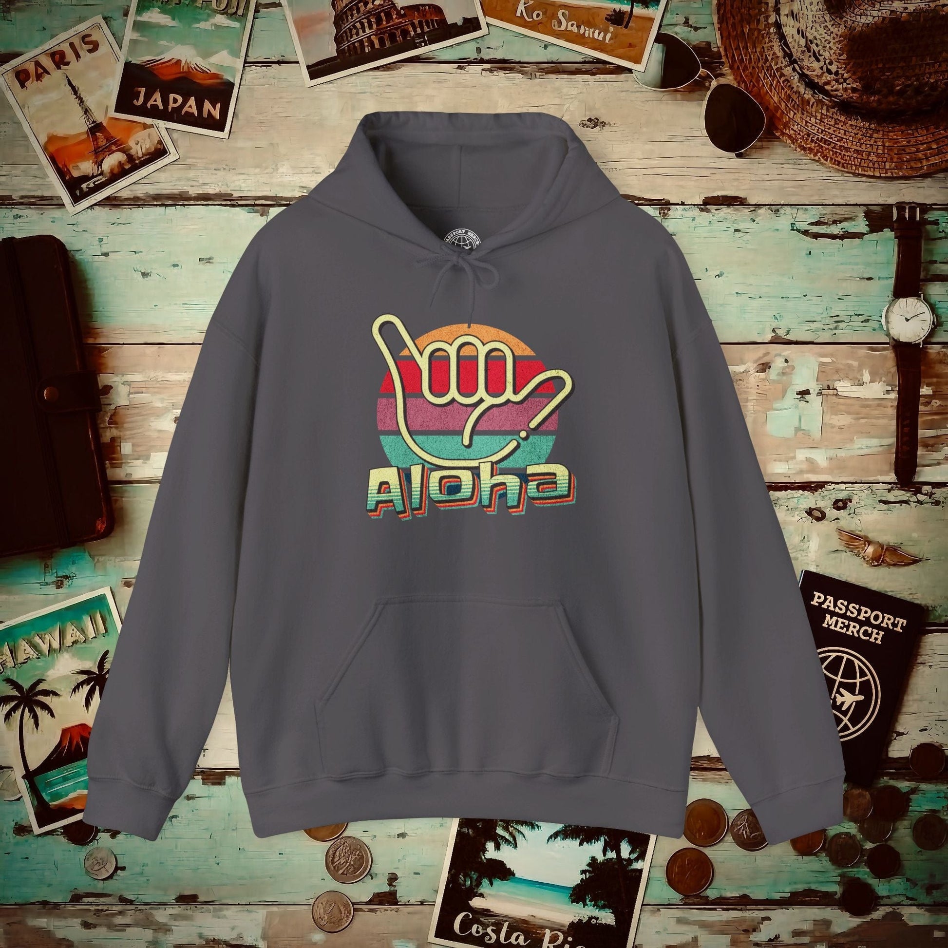 Vintage Retro Aloha Shaka, Hawaii Hoodie Charcoal / S