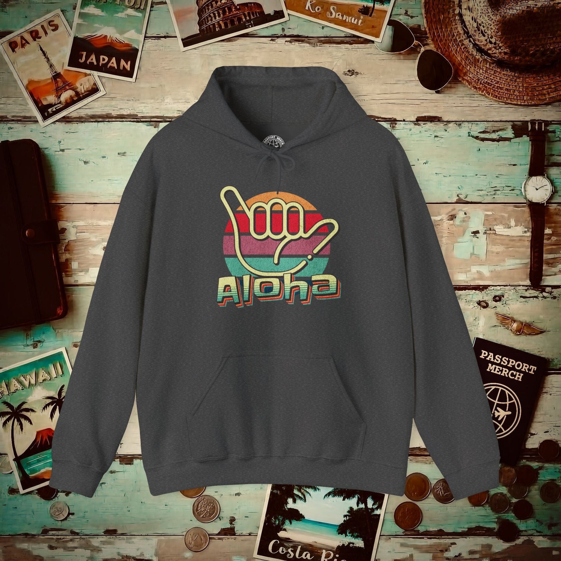 Vintage Retro Aloha Shaka, Hawaii Hoodie Dark Heather / S