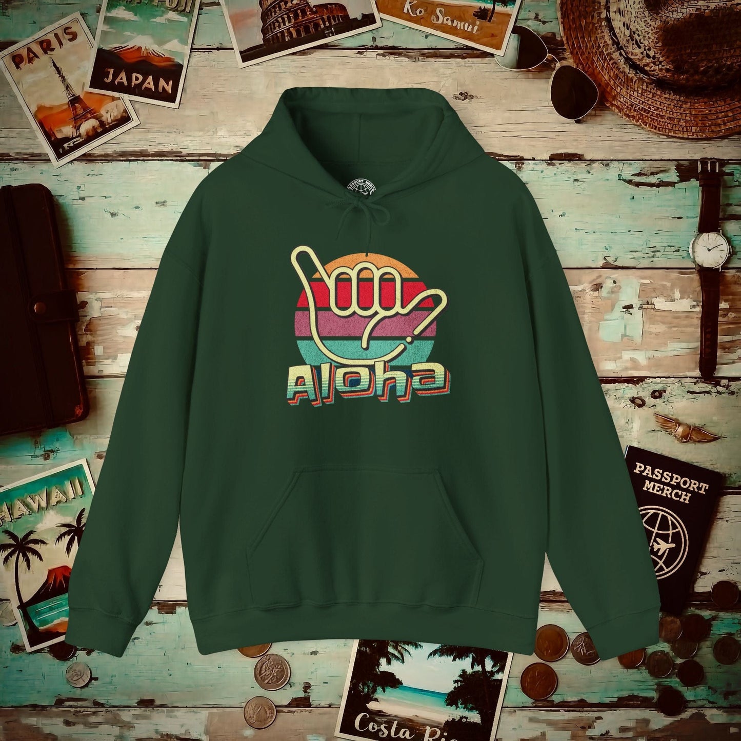 Vintage Retro Aloha Shaka, Hawaii Hoodie Forest Green / S