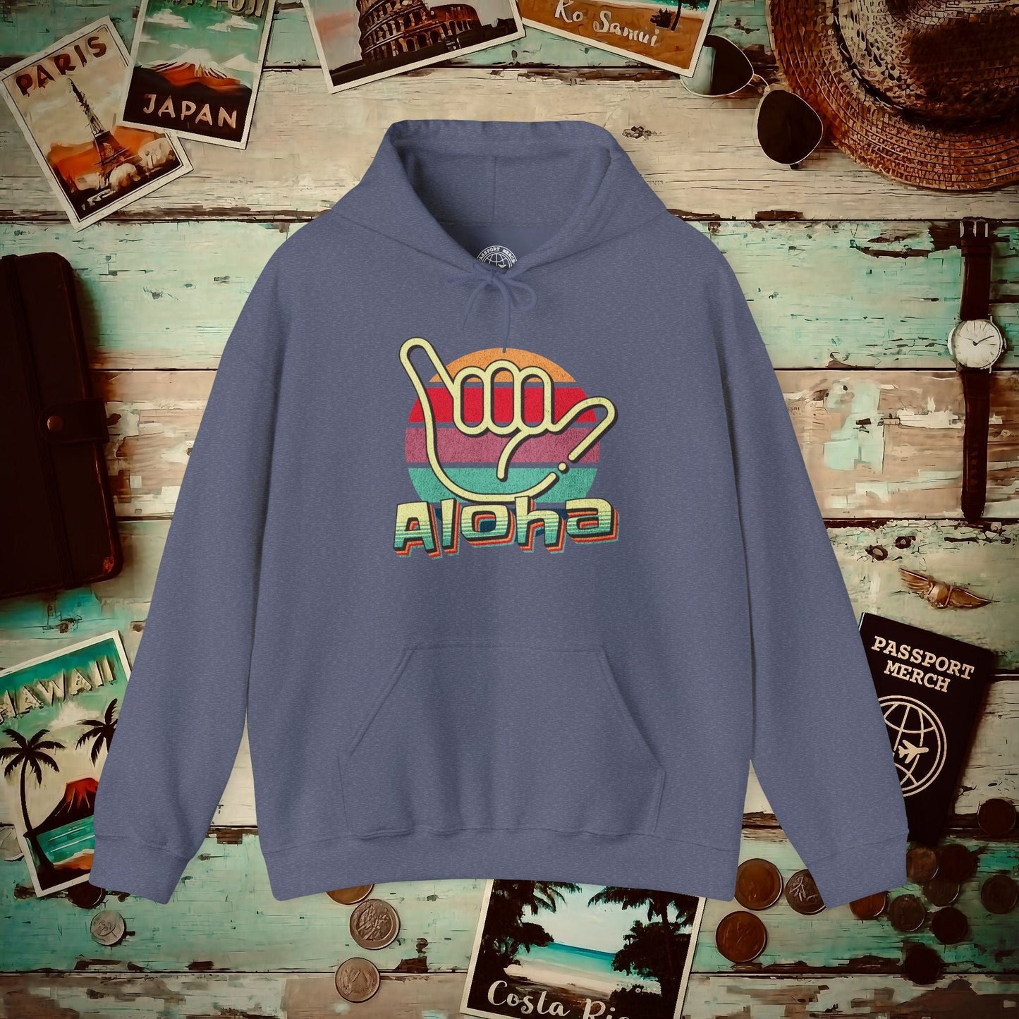 Vintage Retro Aloha Shaka, Hawaii Hoodie Heather Navy / S