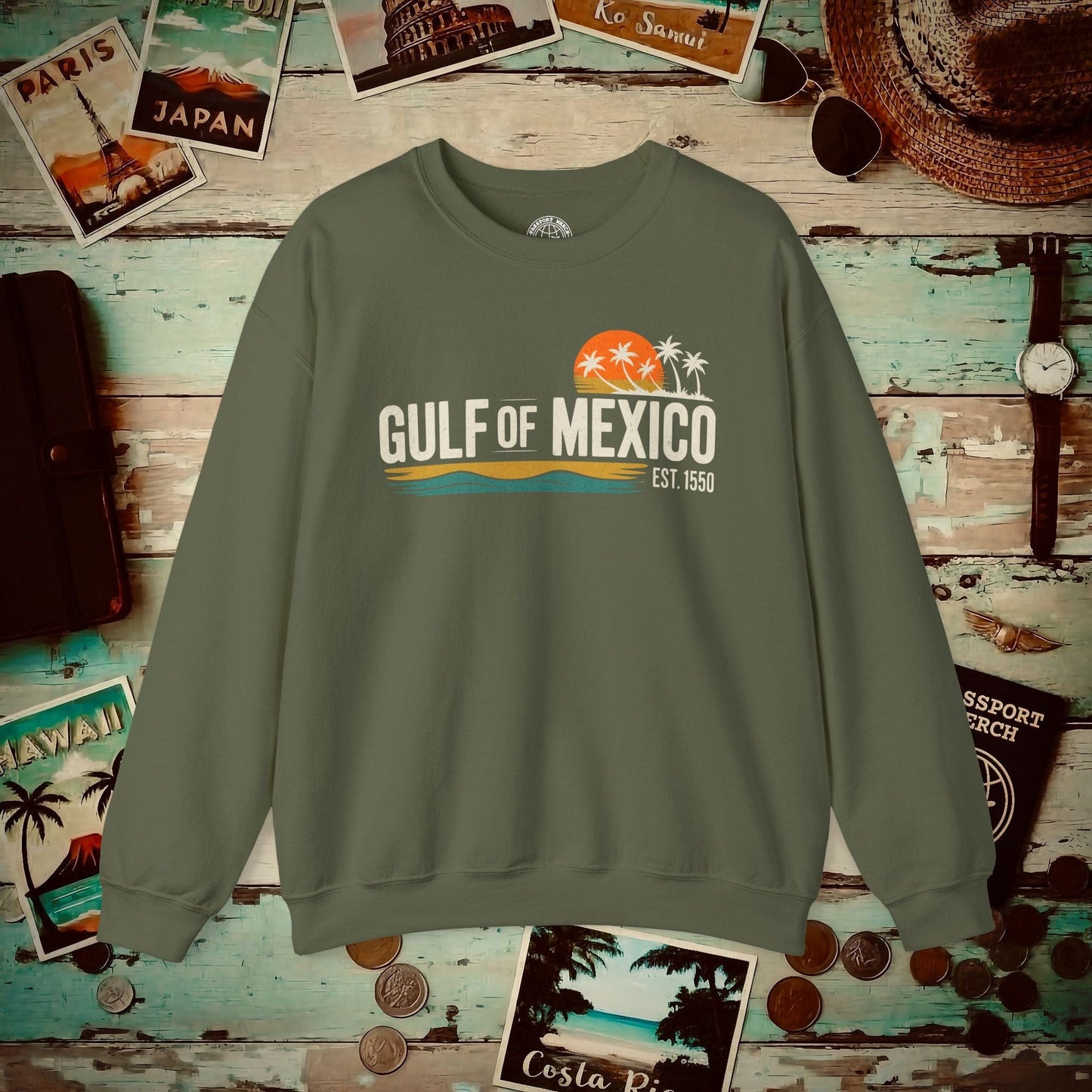 Vintage Retro Gulf of Mexico Crewneck Military Green / S