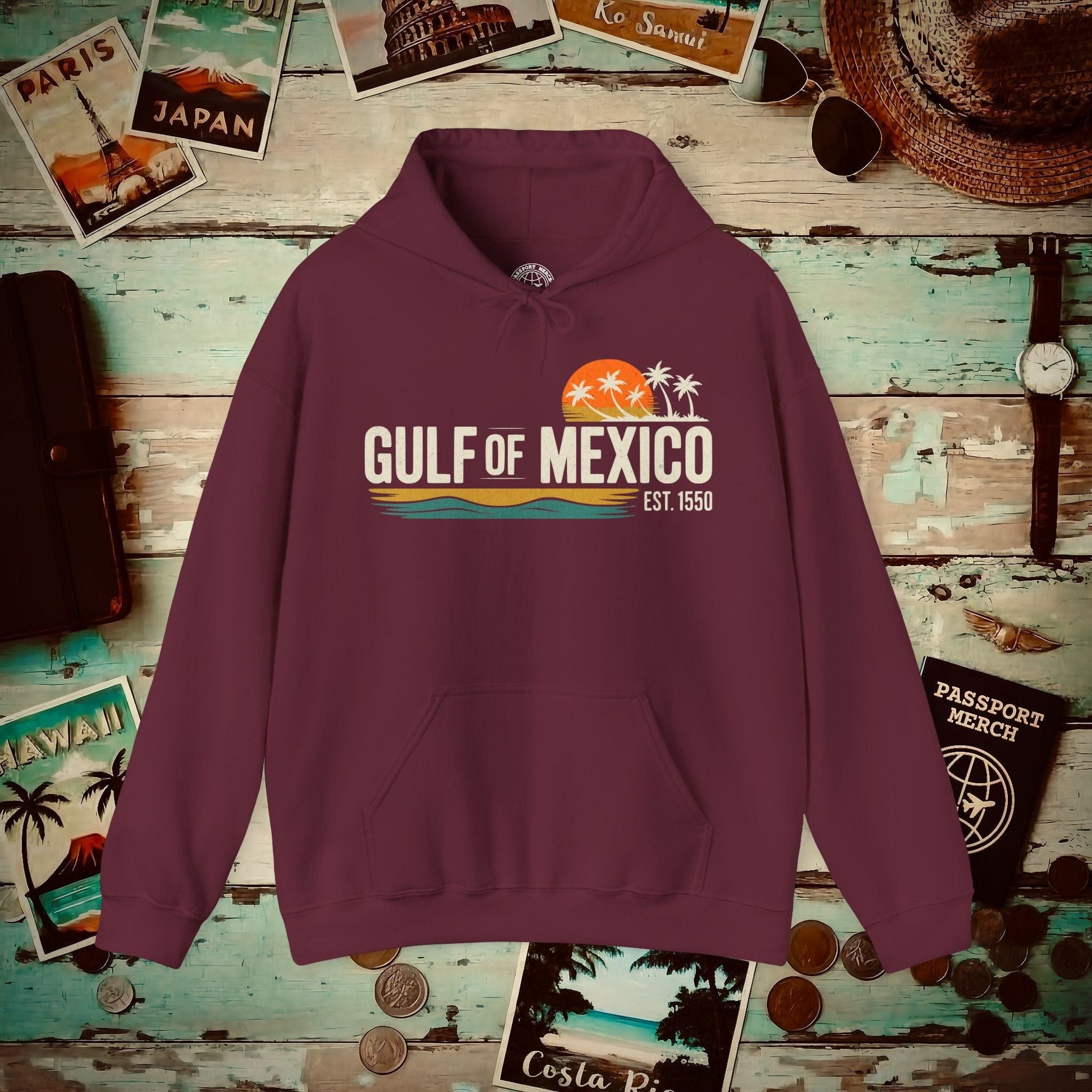 Vintage Retro Gulf of Mexico Hoodie Maroon / S