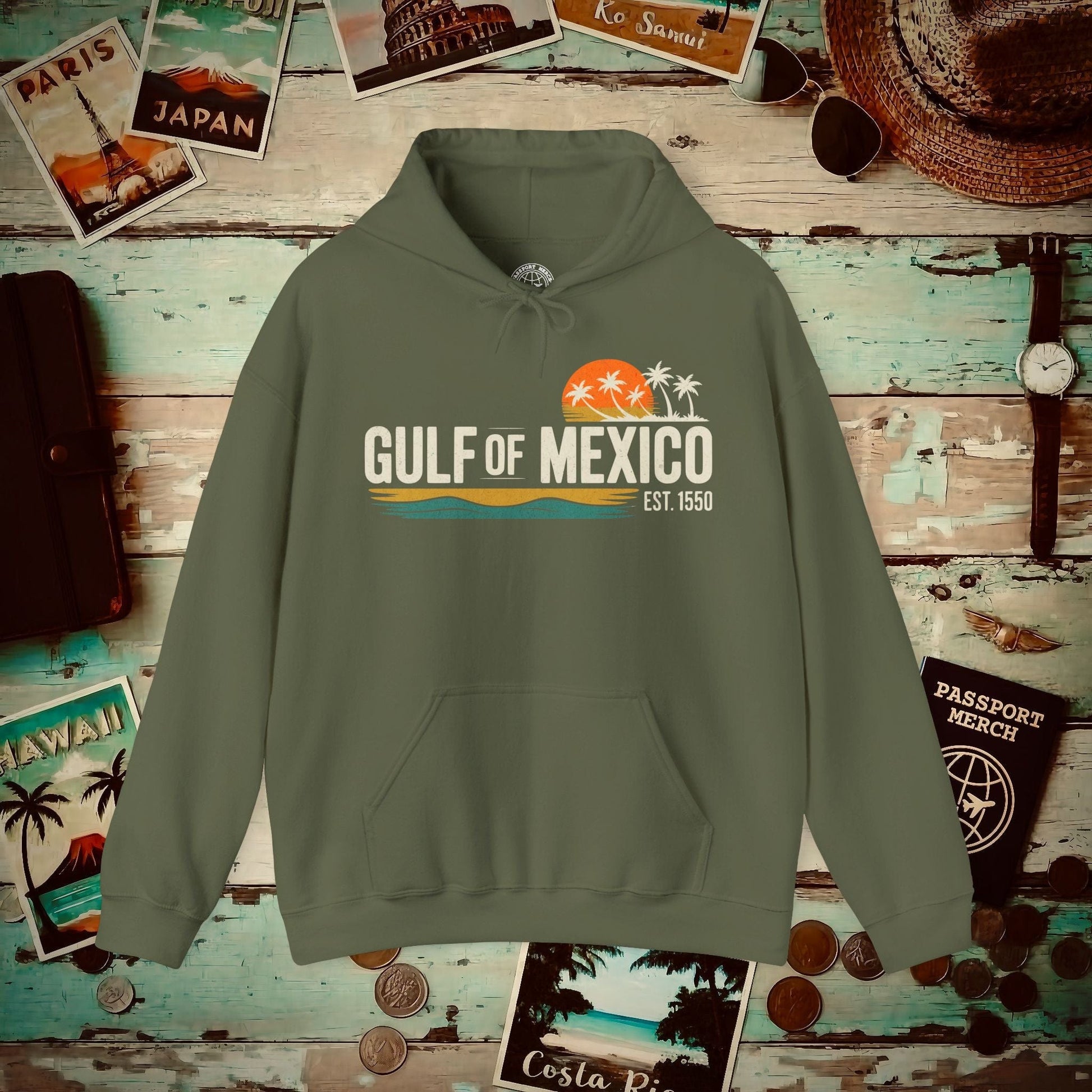 Vintage Retro Gulf of Mexico Hoodie Military Green / S
